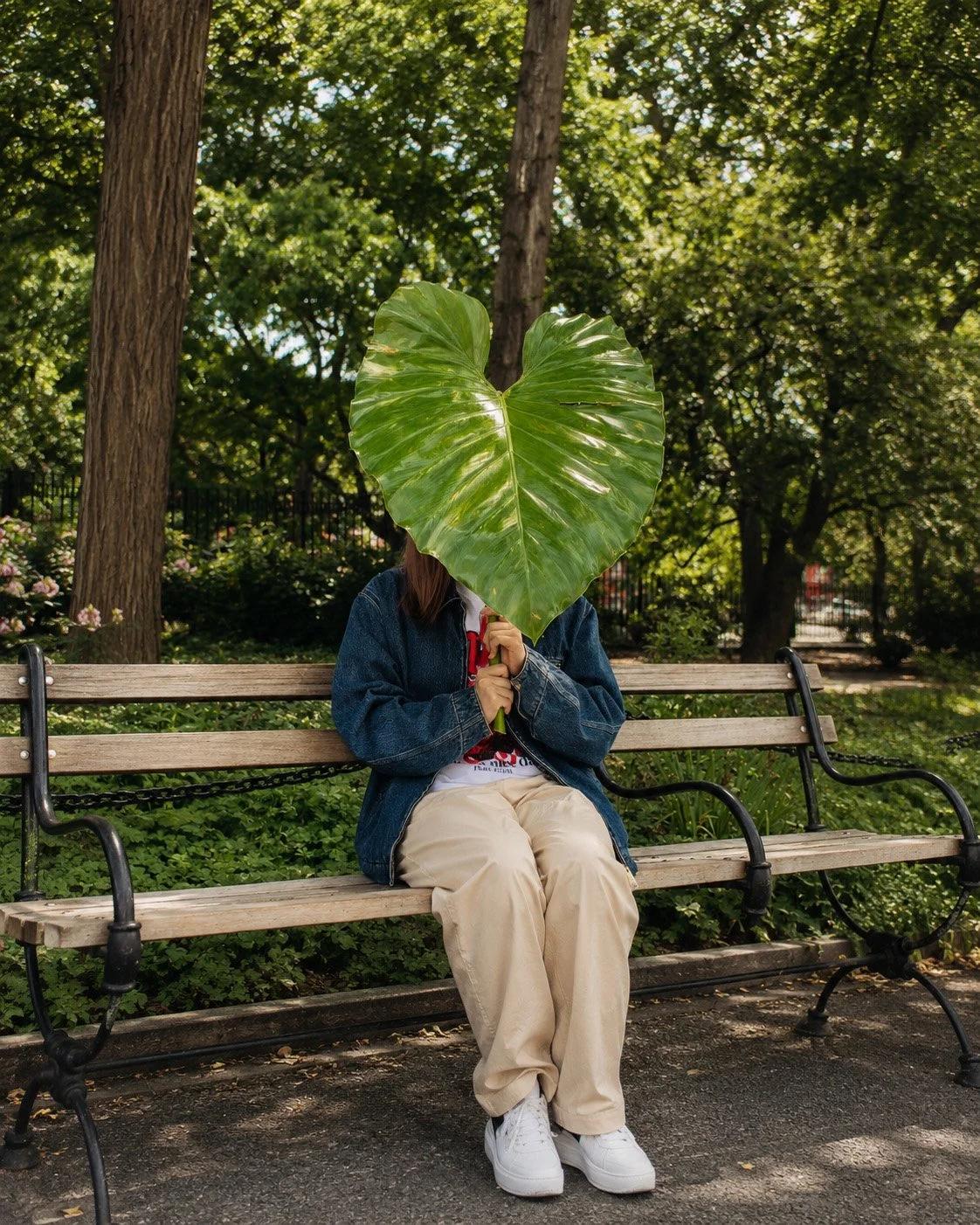 Woman sitting with a leaf in her hands covering her face. Photo taken in New York City as part of the video series LeafHead Field Project.