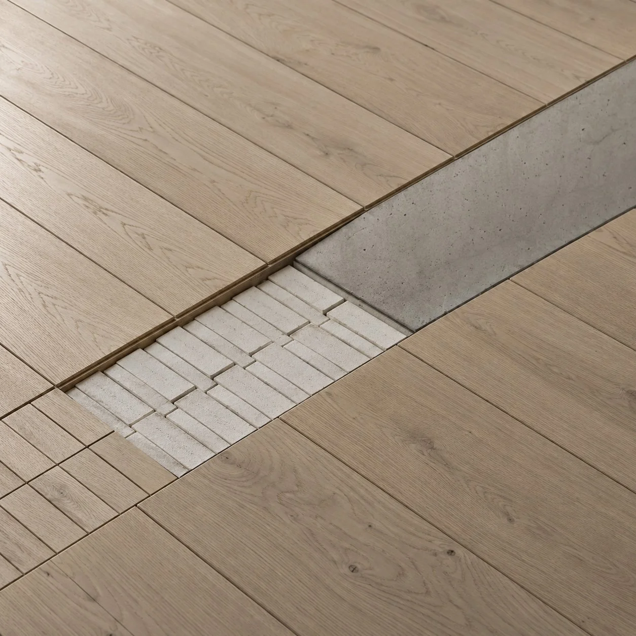 The Open Ground III, a floor treatment and installation — oak / white clay brick / concrete trench