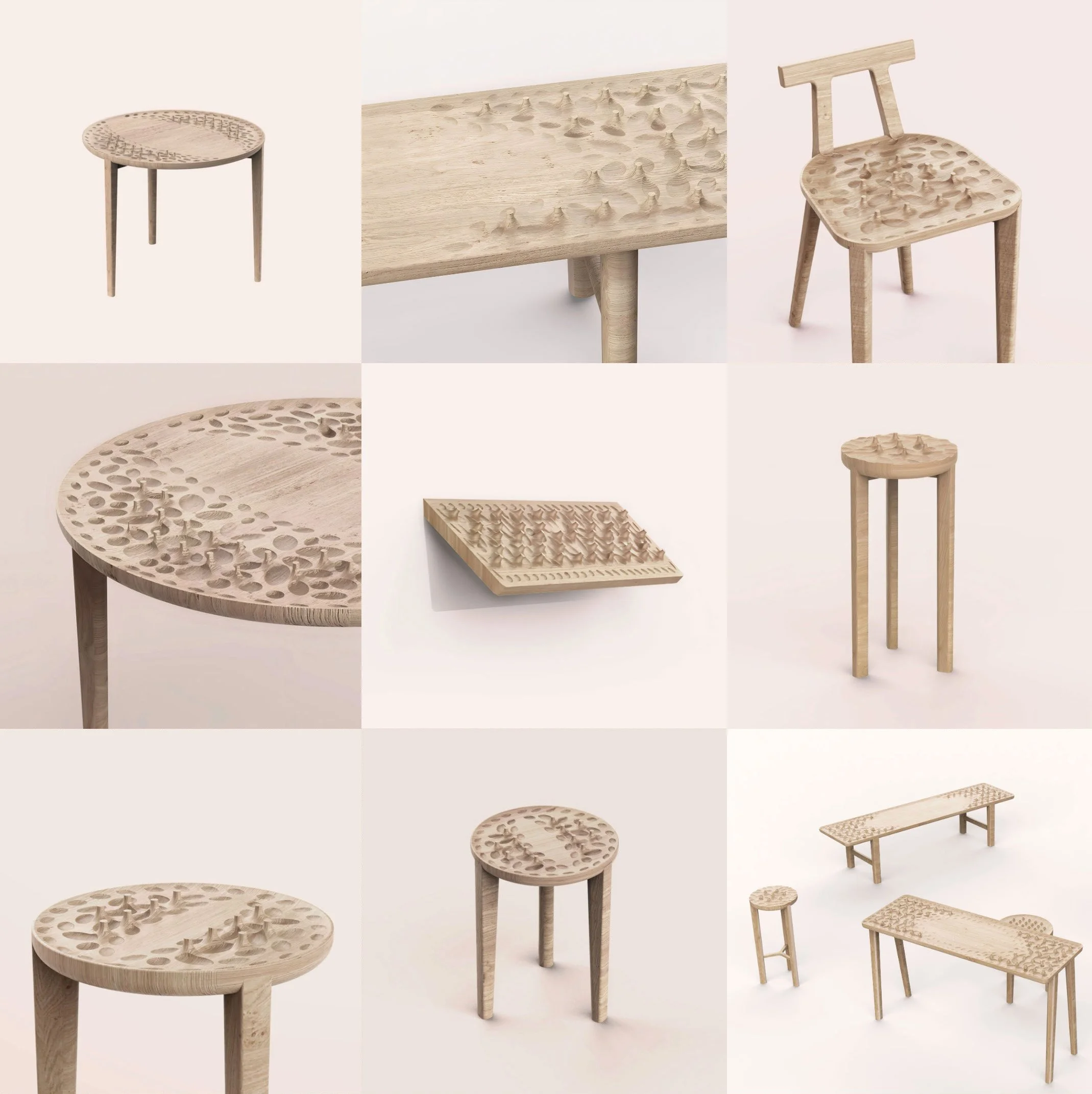 Grid of images presenting the Perceptual Terrain series, art furniture that was originally designed with the Design for Nothing approach.