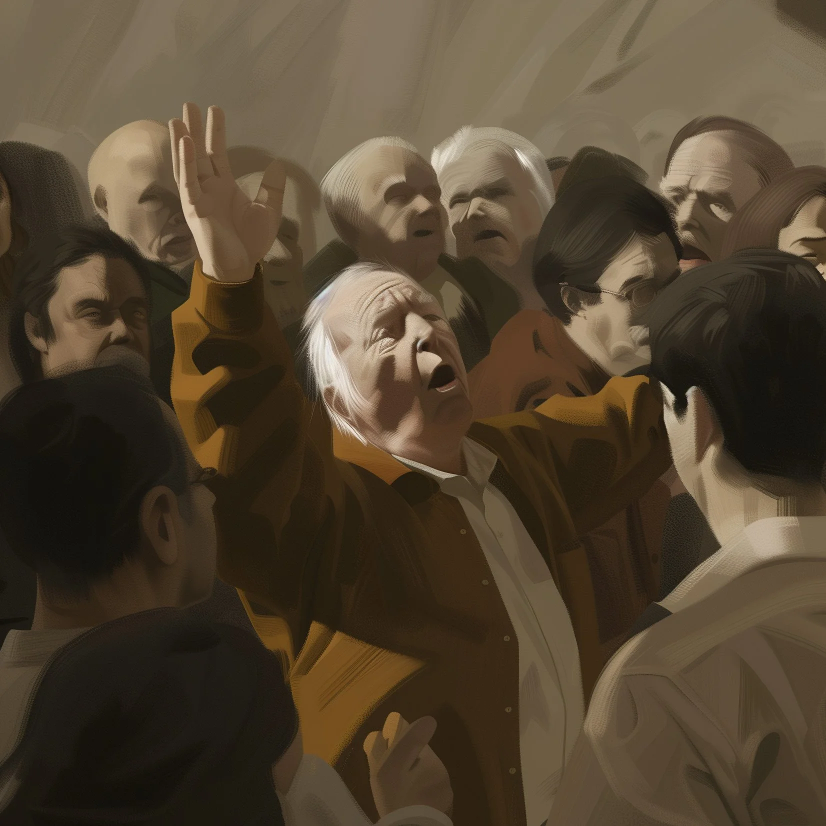 An old man in the middle of a crowd seems to be requiring calm in the room.