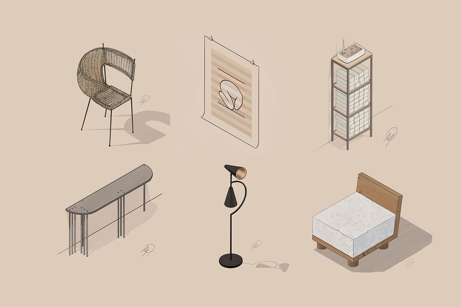 Design sketches of design objects using Design for Nothing, an approach developed by Martin Lenclos