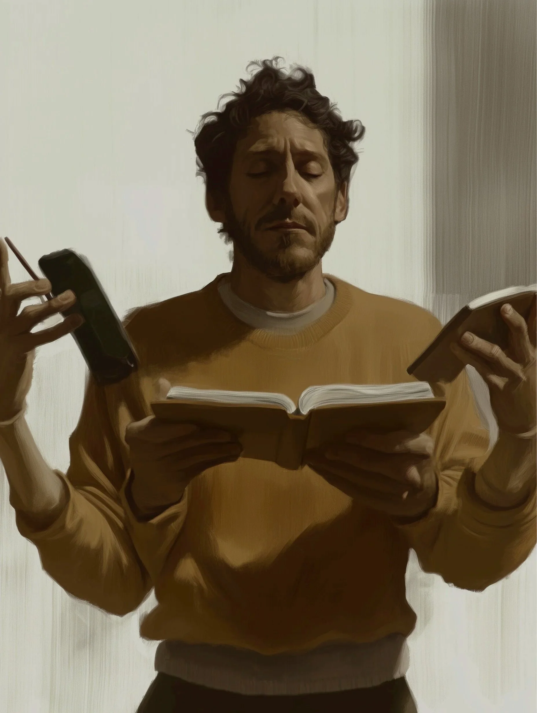 An illustration representing a man with a book in his hands, and multiple hands from the side giving him also a cellphone and a notebook...