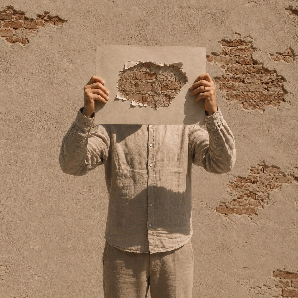 Martin Lenclos standing in front of a brick wall holding a holed card in front of his face. Instead of seeing his face through the hole we see the brick behind.