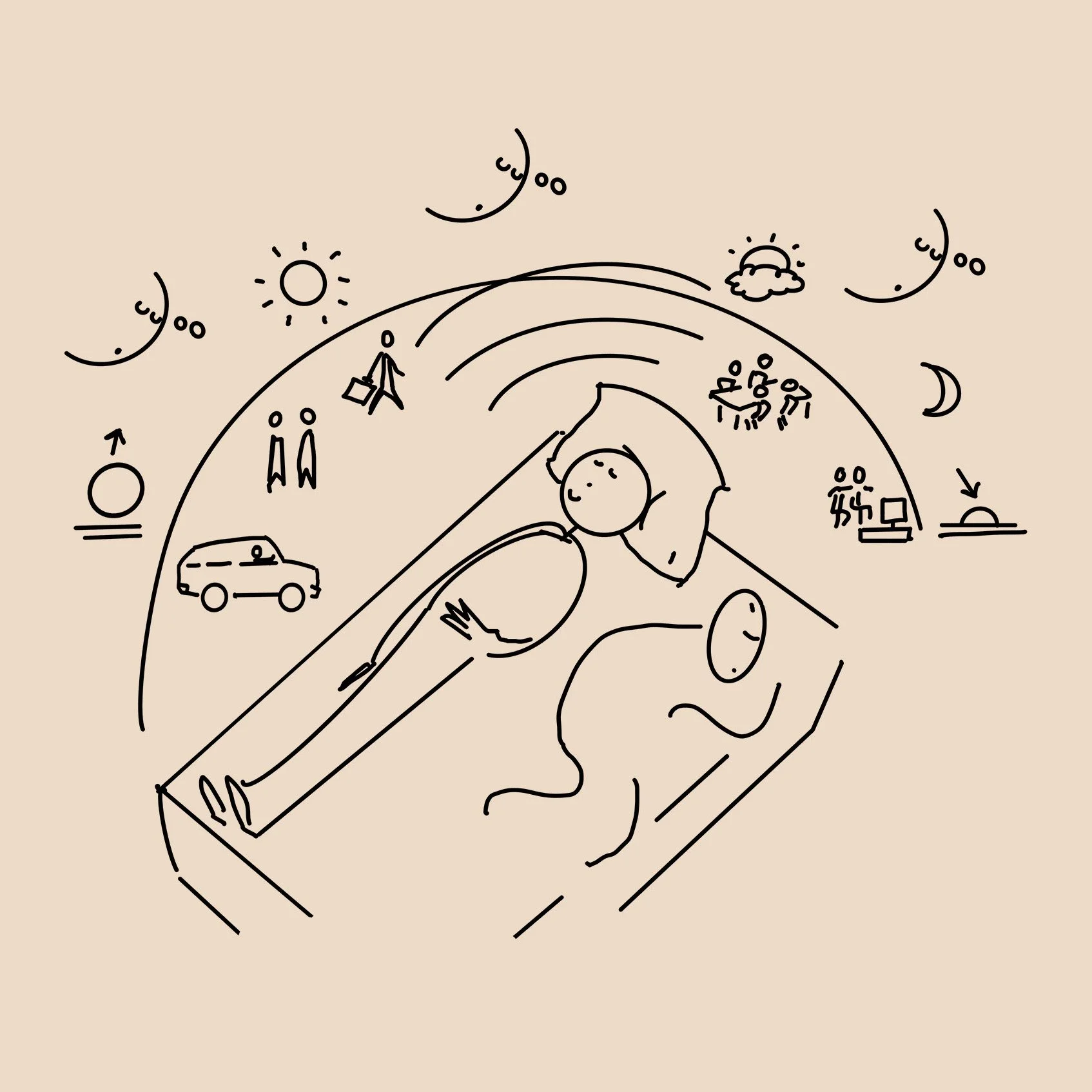 Premise Protocol sketch by Martin Lenclos representing a person in bed listening to the calibration