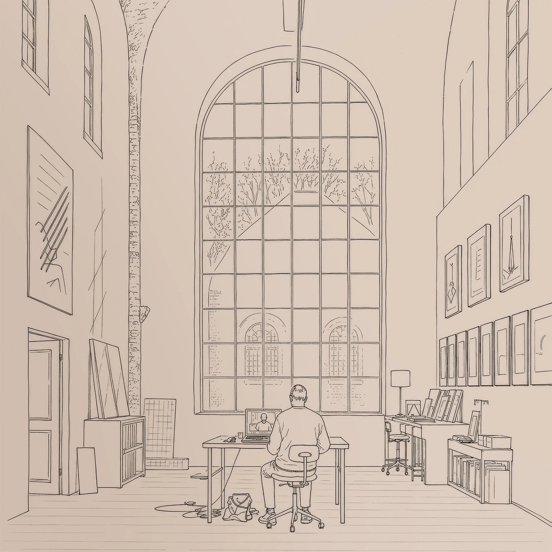 One line drawing of Martin Lenclos in his office made in 2026 — Sketch by Martin Lenclos