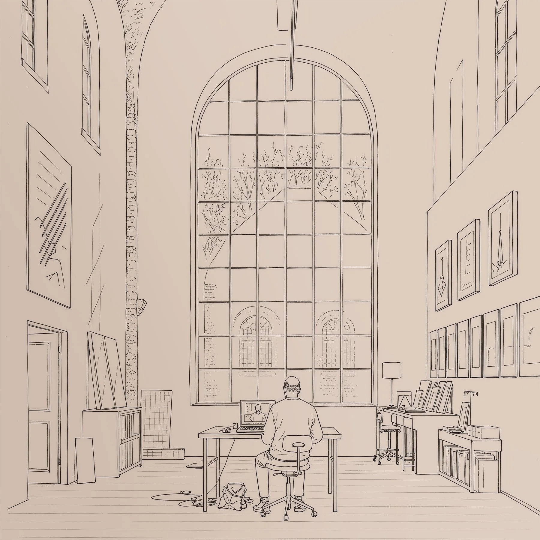 One line drawing of Martin Lenclos in his office made in 2026 — Sketch by Martin Lenclos