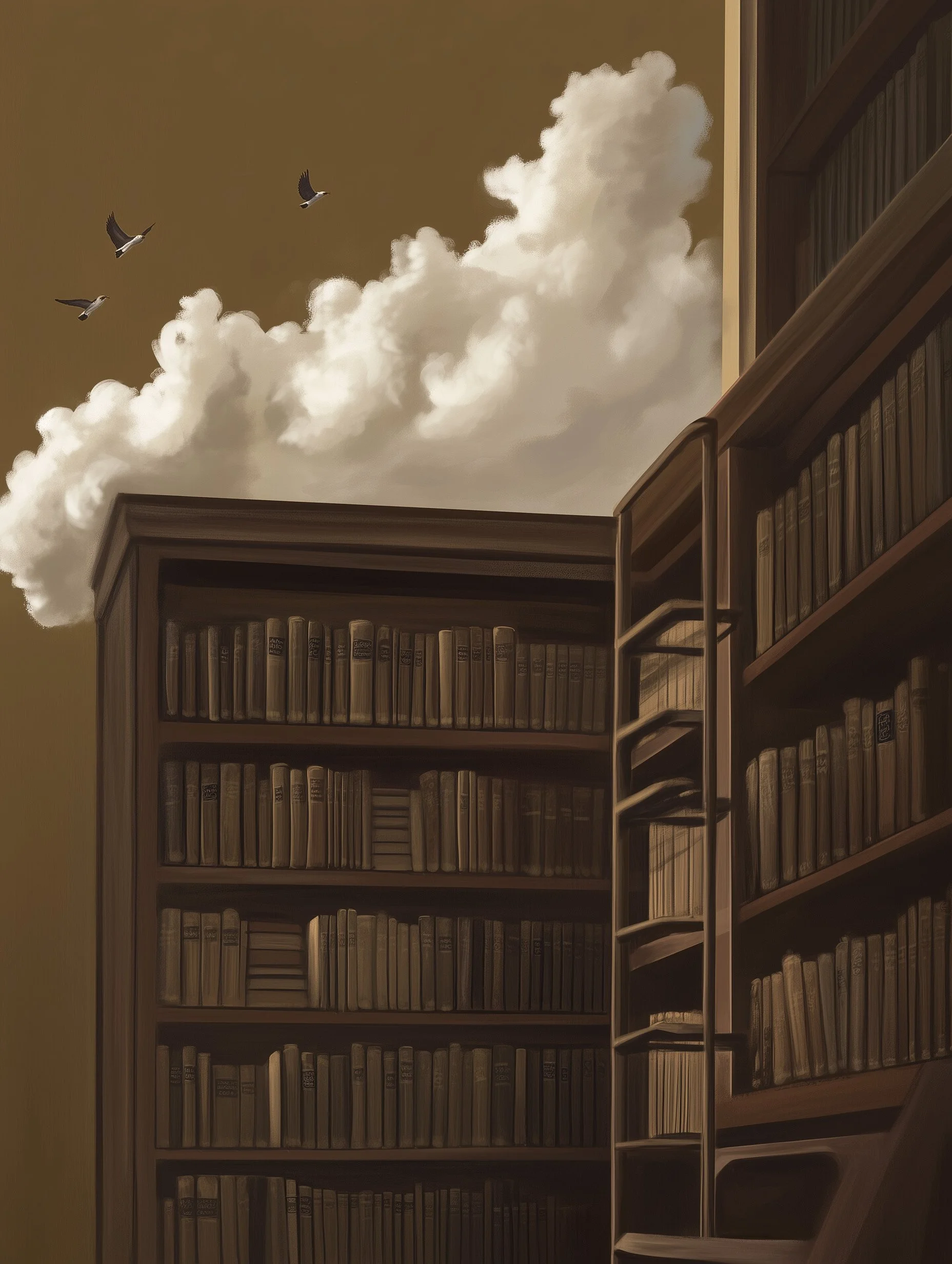 Illustration by Martin Lenclos of a bookshelf in a room with open roof and clouds coming inside