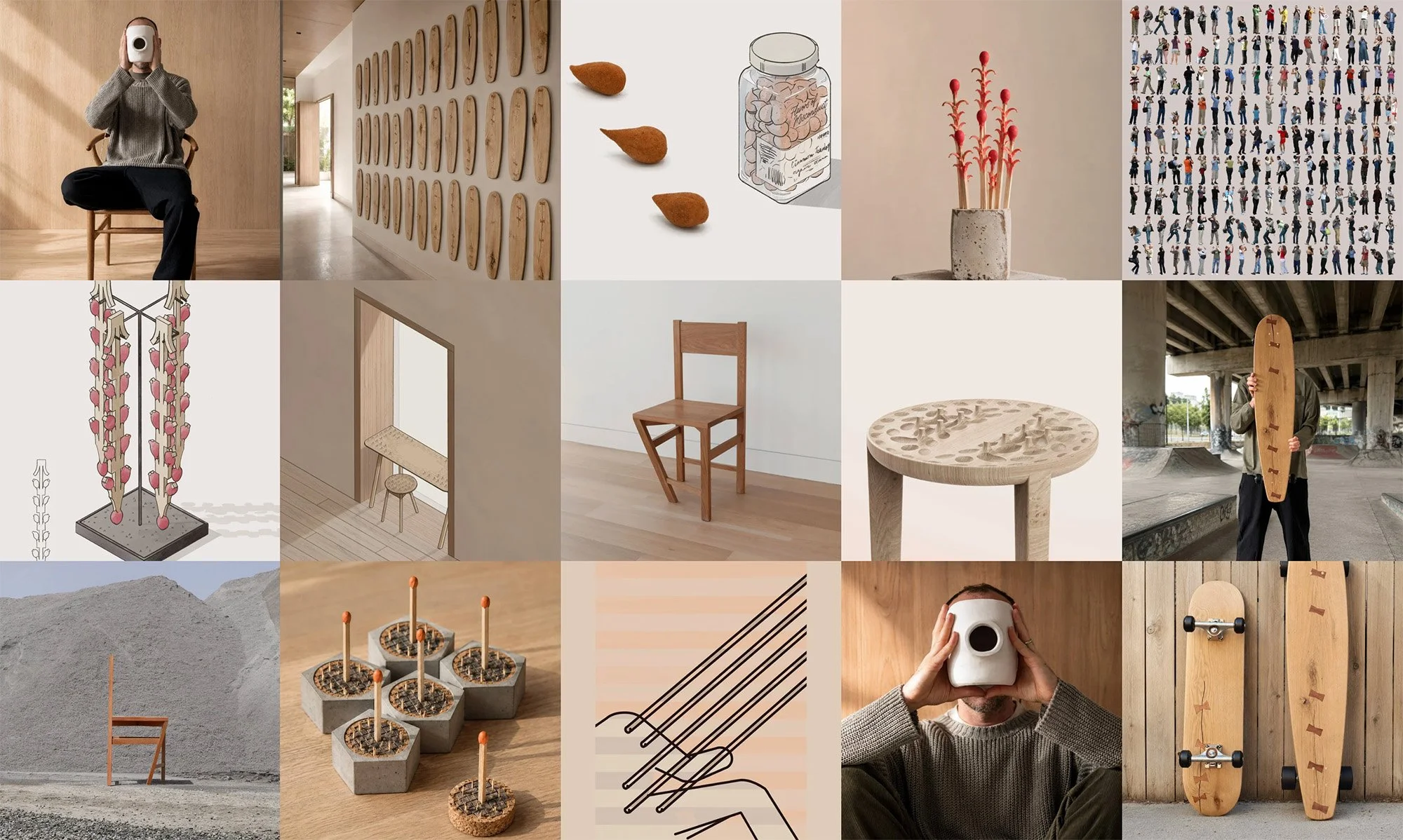 Grid of projects by Martin Lenclos: The Jacob Vase, The skateboard Continuum of Resilience, the Flavors of Misconduct project, the Paradox of the Atypical Typical Device, and more.
