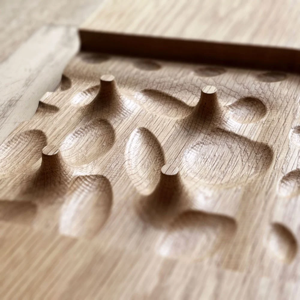 L'Enclos Art Furniture project — Prototype production progress shot, wood sample.