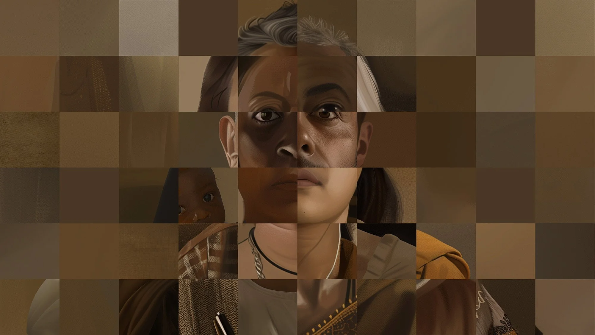 A collage of details of multiple faces from various origins and roles present a composite portrait — Image created by Martin Lenclos