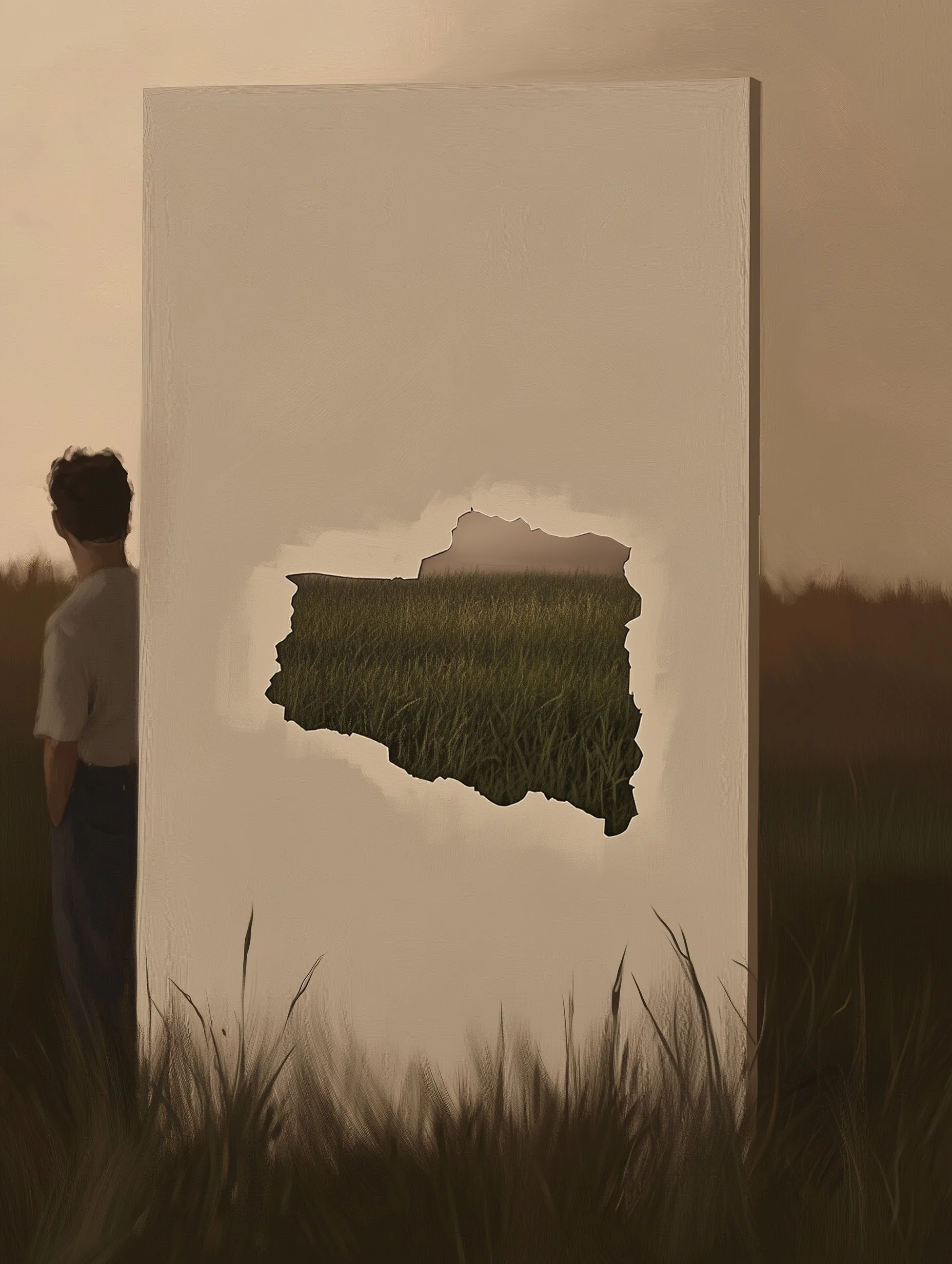 Large pale panel standing in a field with a torn opening revealing grass and horizon, suggesting a small window of possibility or invitation in reality.