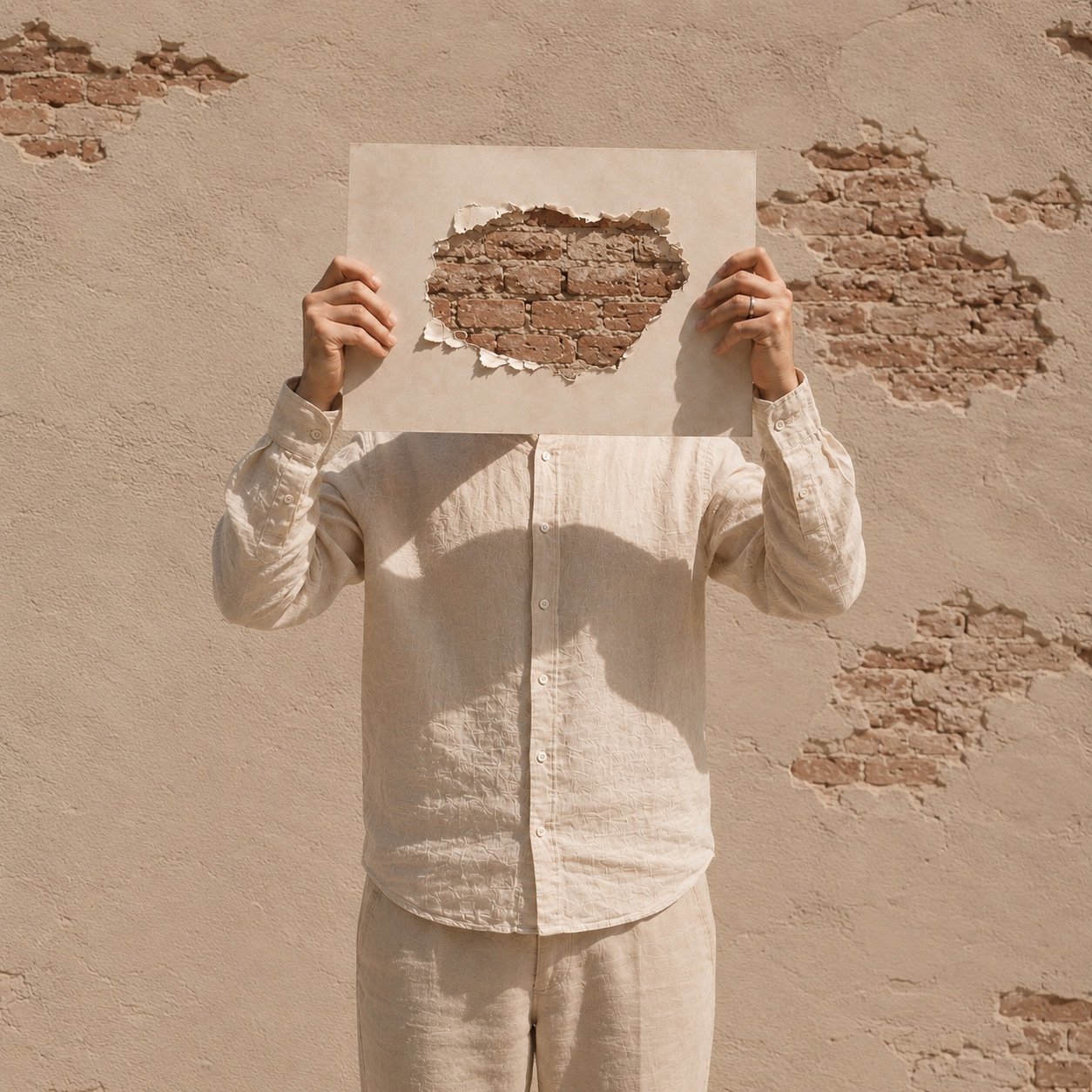 Martin Lenclos standing in front of a brick wall holding a holed card in front of his face. Instead of seeing his face through the hole we see the brick behind.