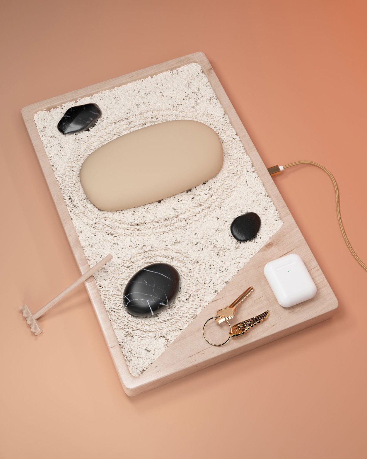Mini-Japanese garden wireless charging tray designed to complement 'Disconnect' cover.