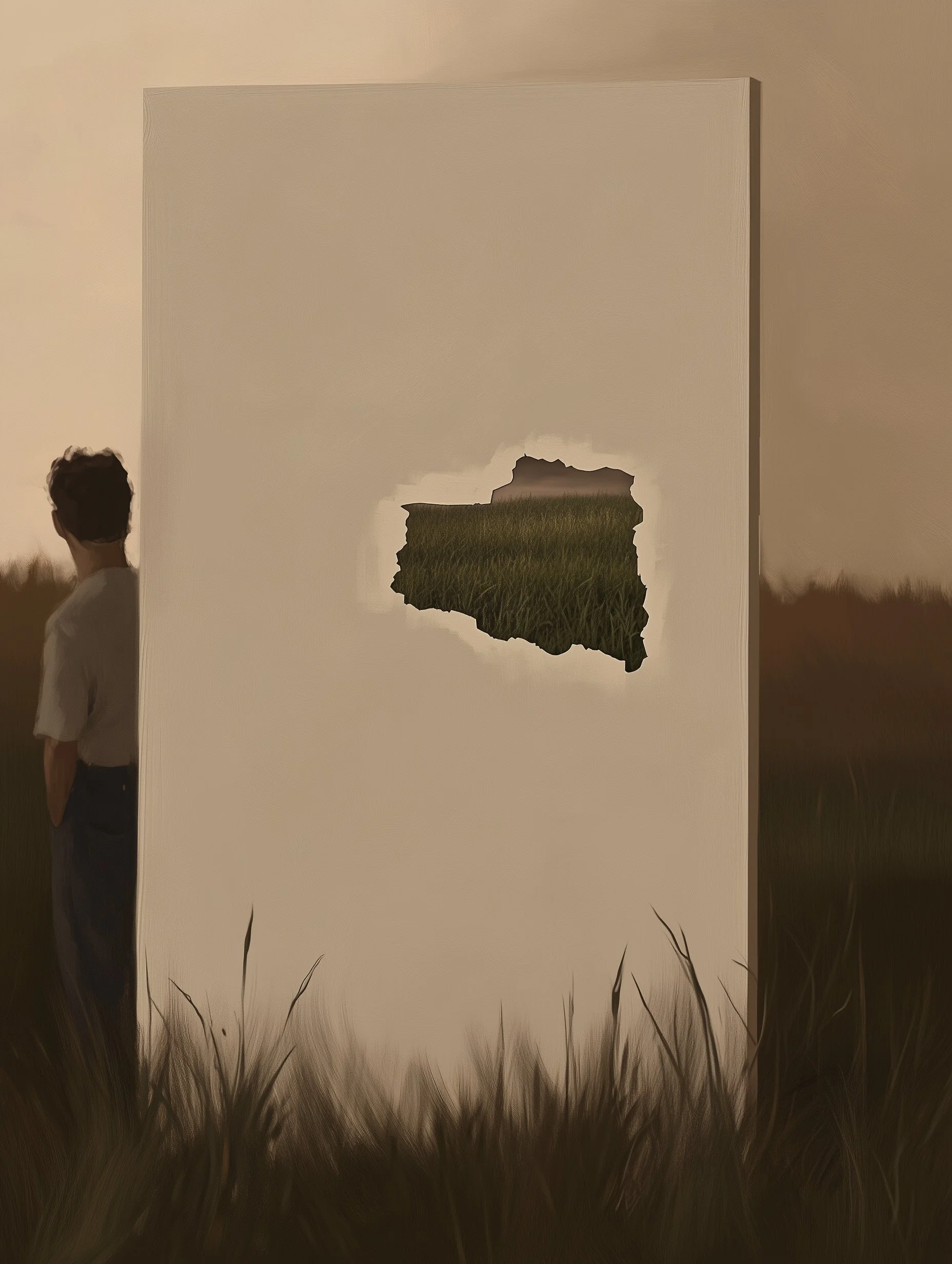 Grand panneau clair dressé dans un champ, avec une ouverture déchirée laissant voir l’herbe et l’horizon, suggérant une petite fenêtre de possibilité ou d’invitation dans le réel.