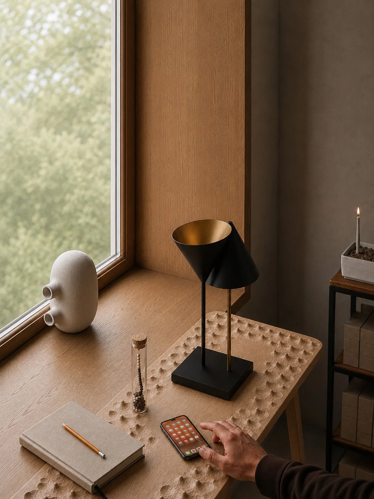 The photograph presents the Perceptual Terrain desk, a Jacob Vase vessel, one of Martin Lenclos's desk lamps and the Flavors of Misconduct Pepper Threads