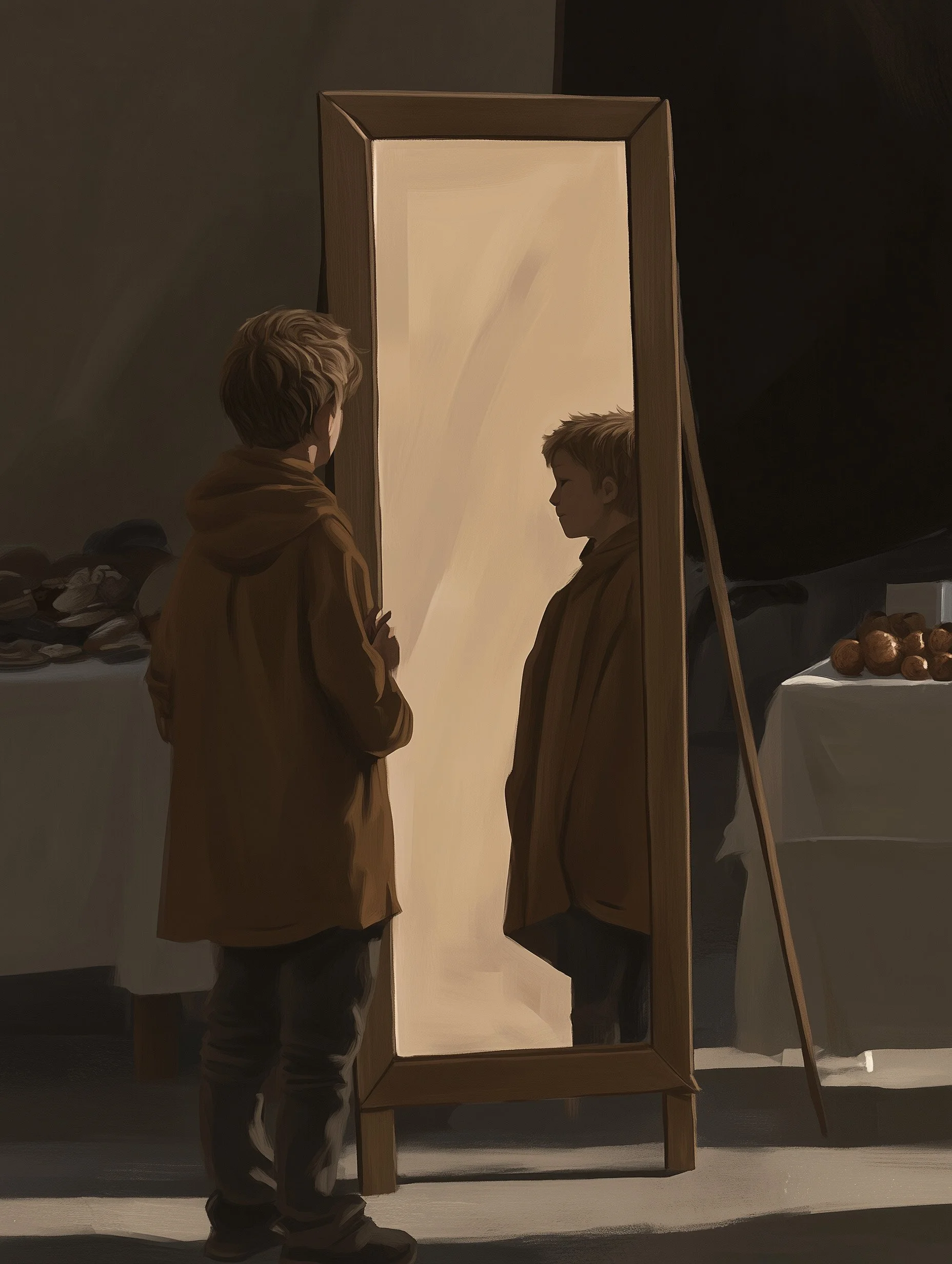A child facing their reflection in a tall mirror, suggesting a moment of self-encounter and a shift in perspective.
