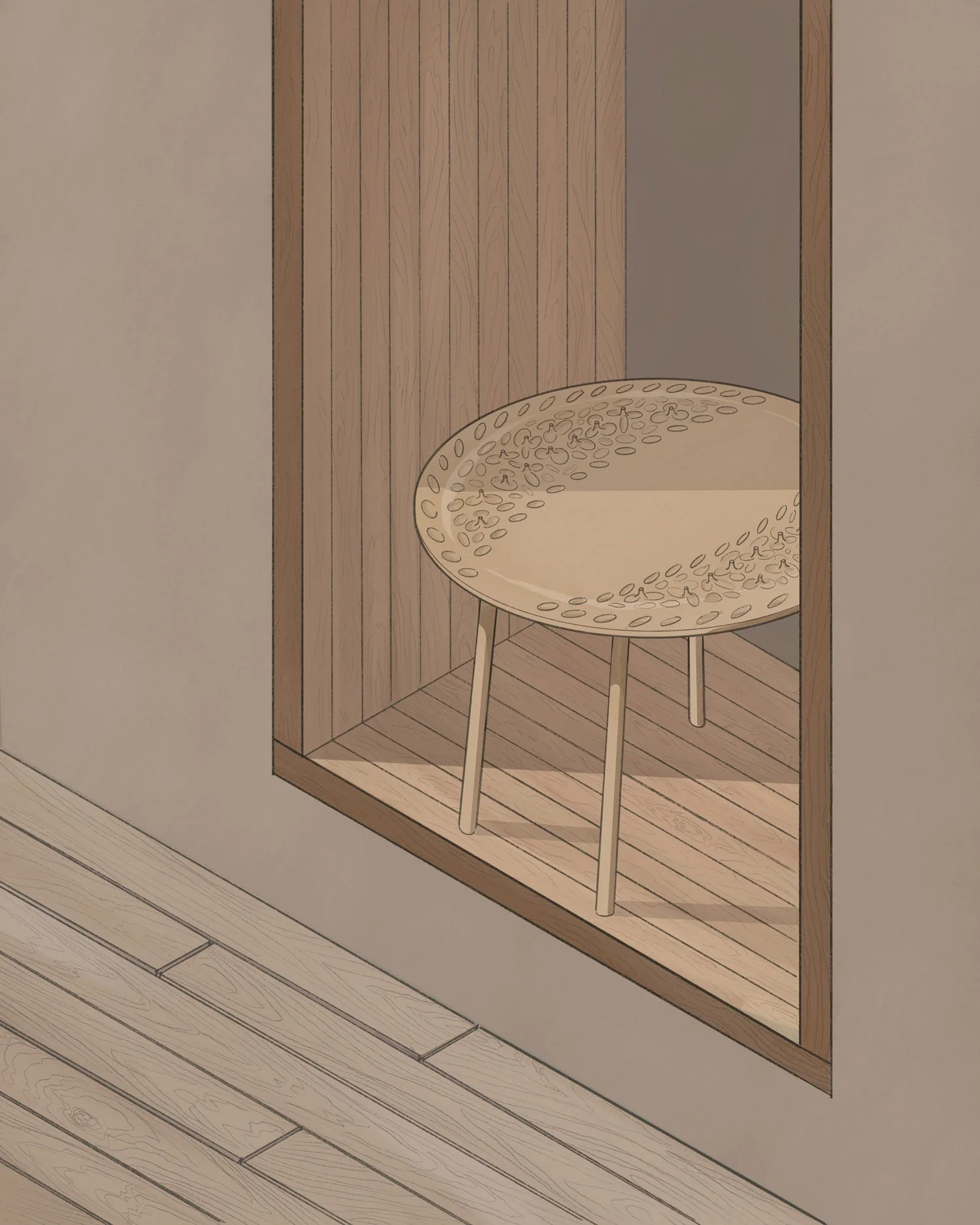 Contours of Impermanence — Hand-Painted Digital Artwork by Martin Lenclos — Representing the Perceptual Terrain Table in a window display. Inspired by sketch for an installation.