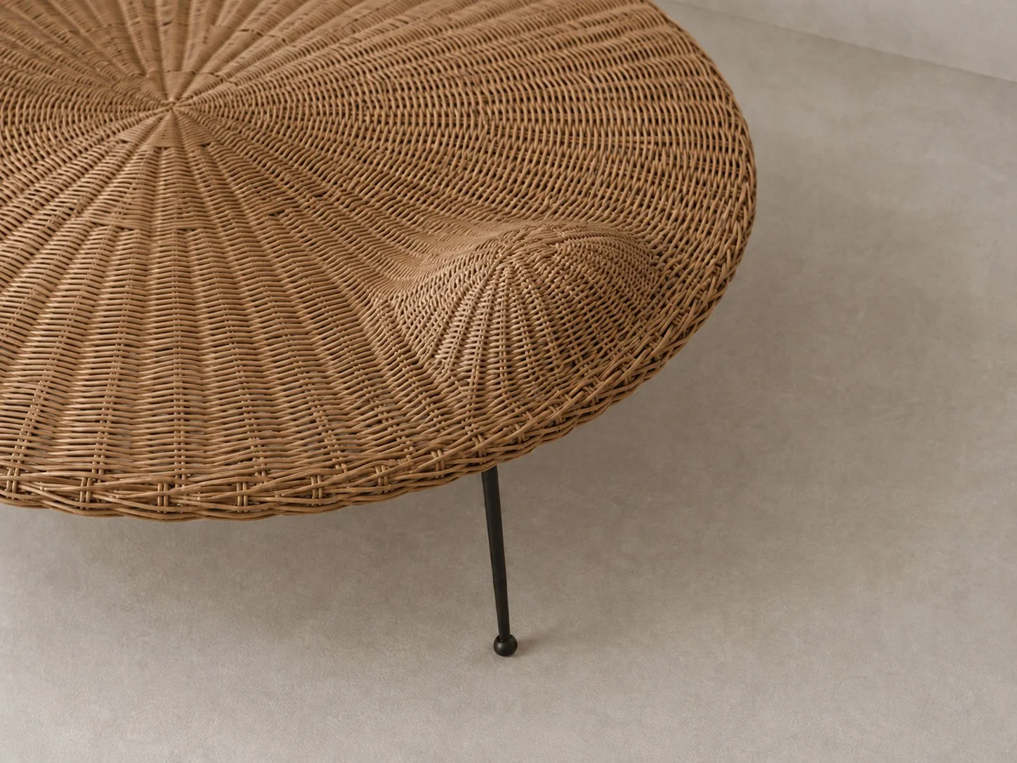 The Bruised Weave — Low Table; Ordinary witness study — woven rattan / blackened steel