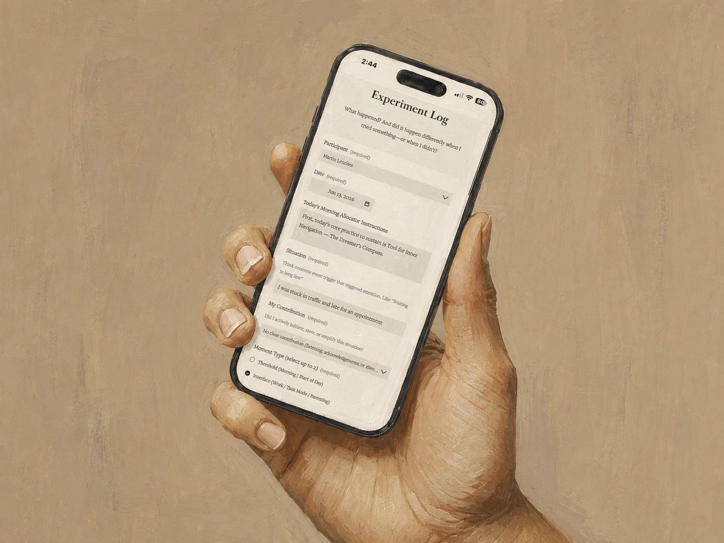 Hand holding a phone with the experiment log form on the screen.