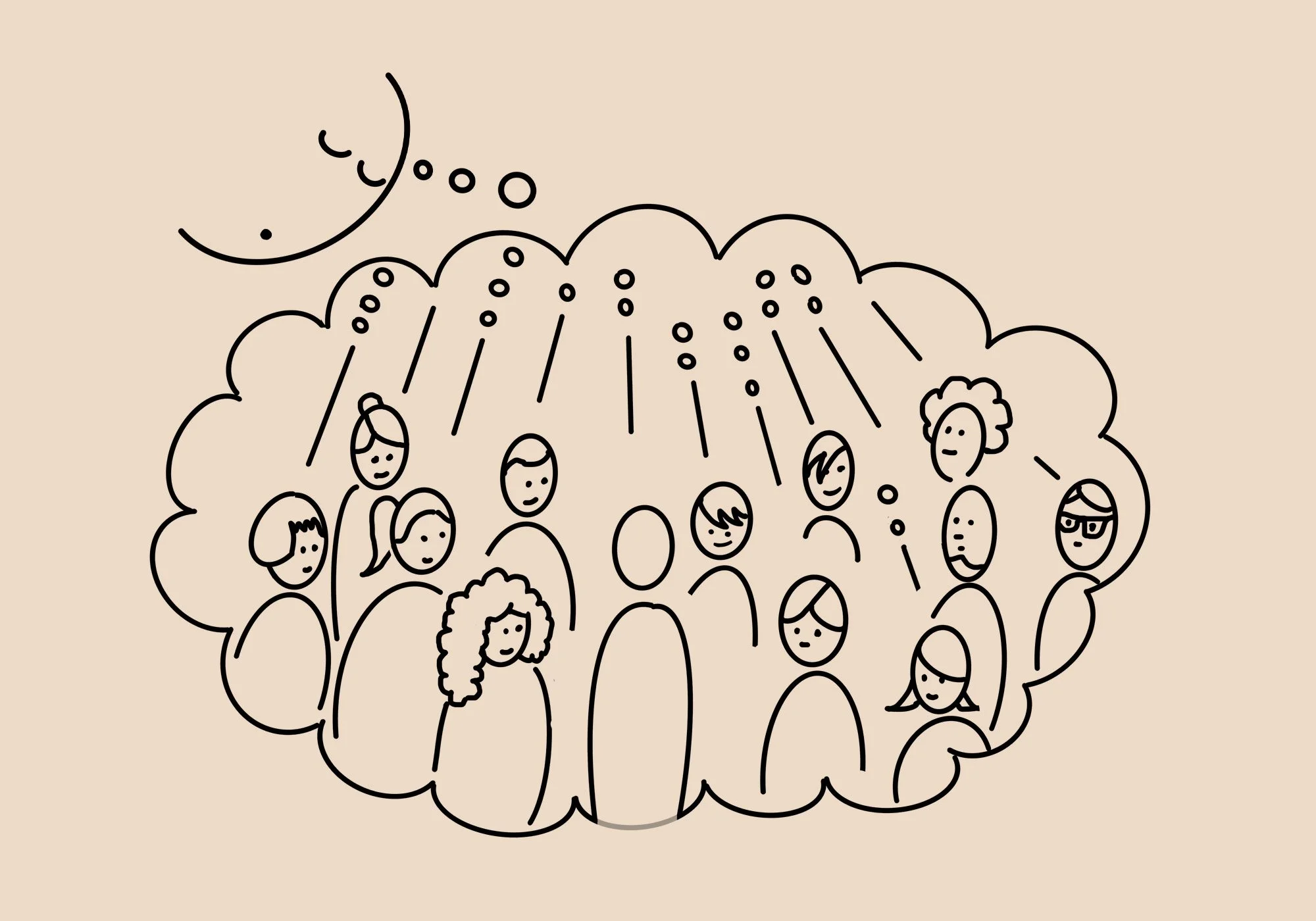 A field test drawing by Martin Lenclos presenting many figures sharing one thought-bubble of awareness.