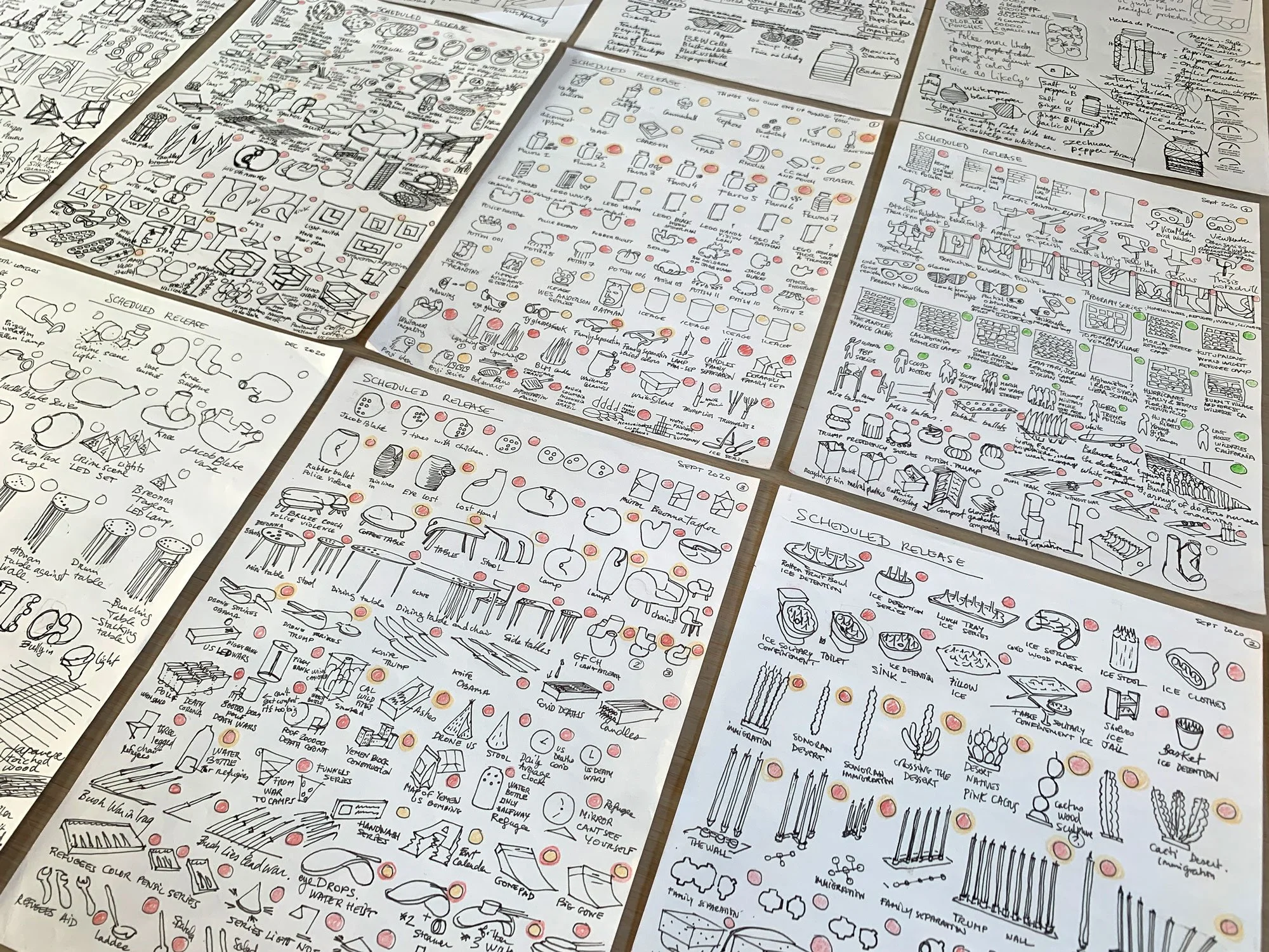 Sketch field from Design for Nothing: hundreds of object studies made as exercises in subtraction, misreading, and perceptual loosening.