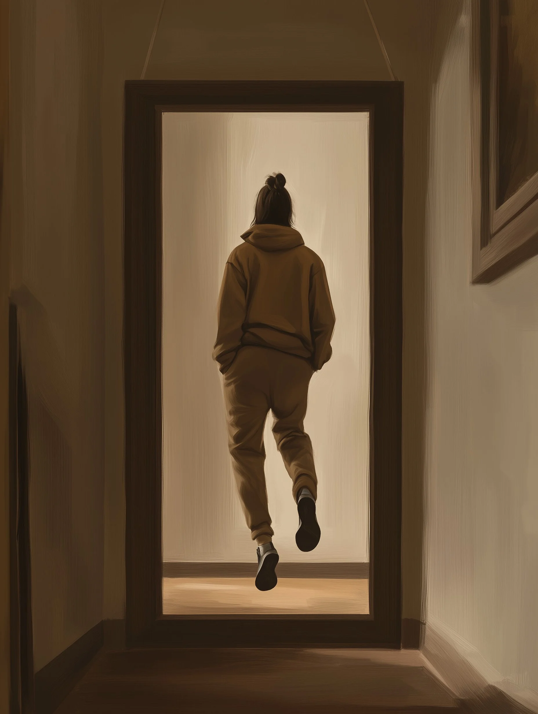 A woman in a brown hoodie and pants walks through an empty painting frame hanging in a hallway, as if stepping out of the room and into another reality.