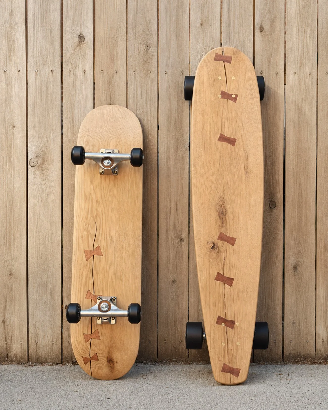 Continuum of Resilience No. 1 and 2 — Skateboards made with solid white oak and sapele butterfly stitches by Martin Lenclos