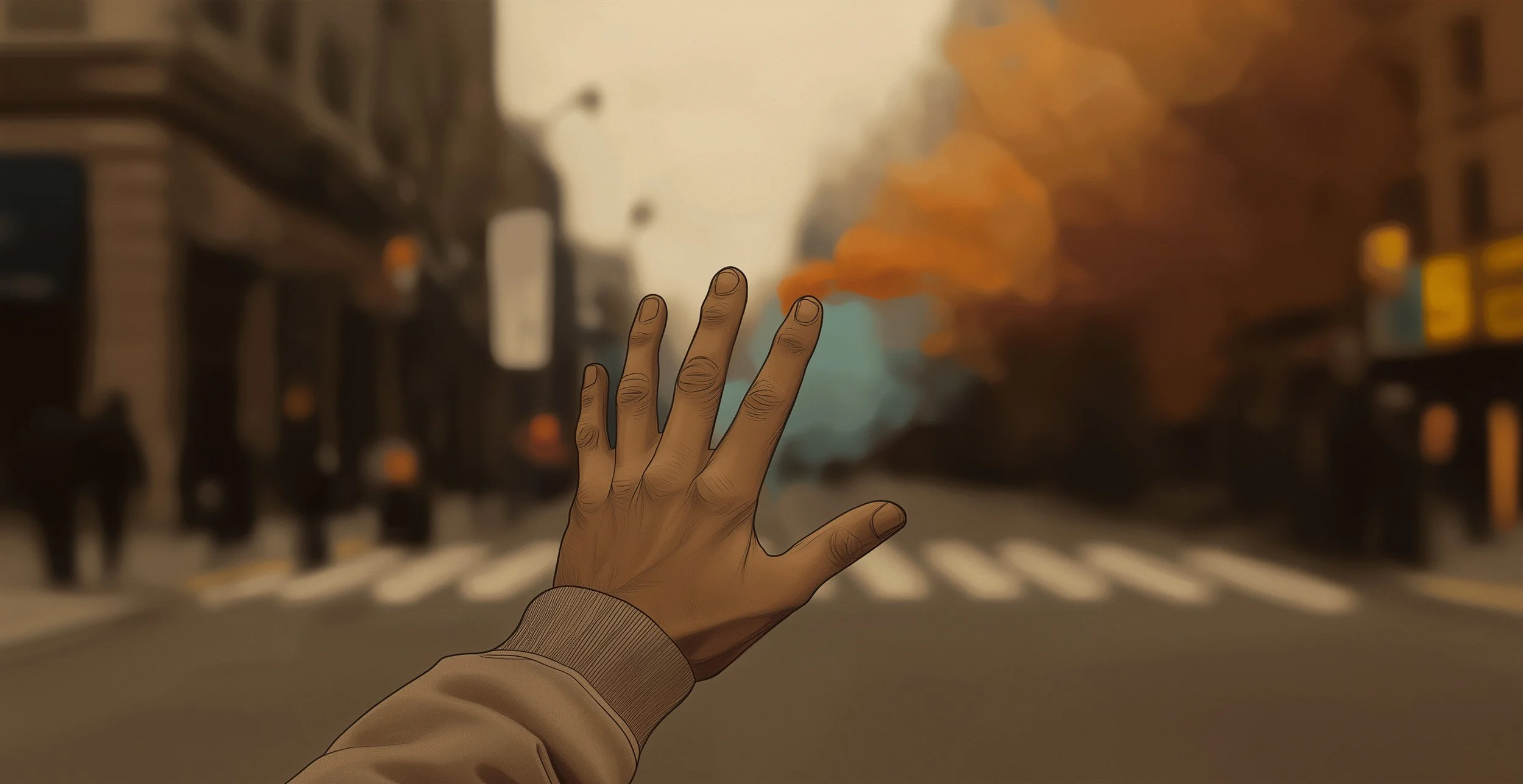 Image created with AI to illustrate the mind shifting perception of reality. A hand in the foreground and the city behind blurry with smokes of colors escaping from it