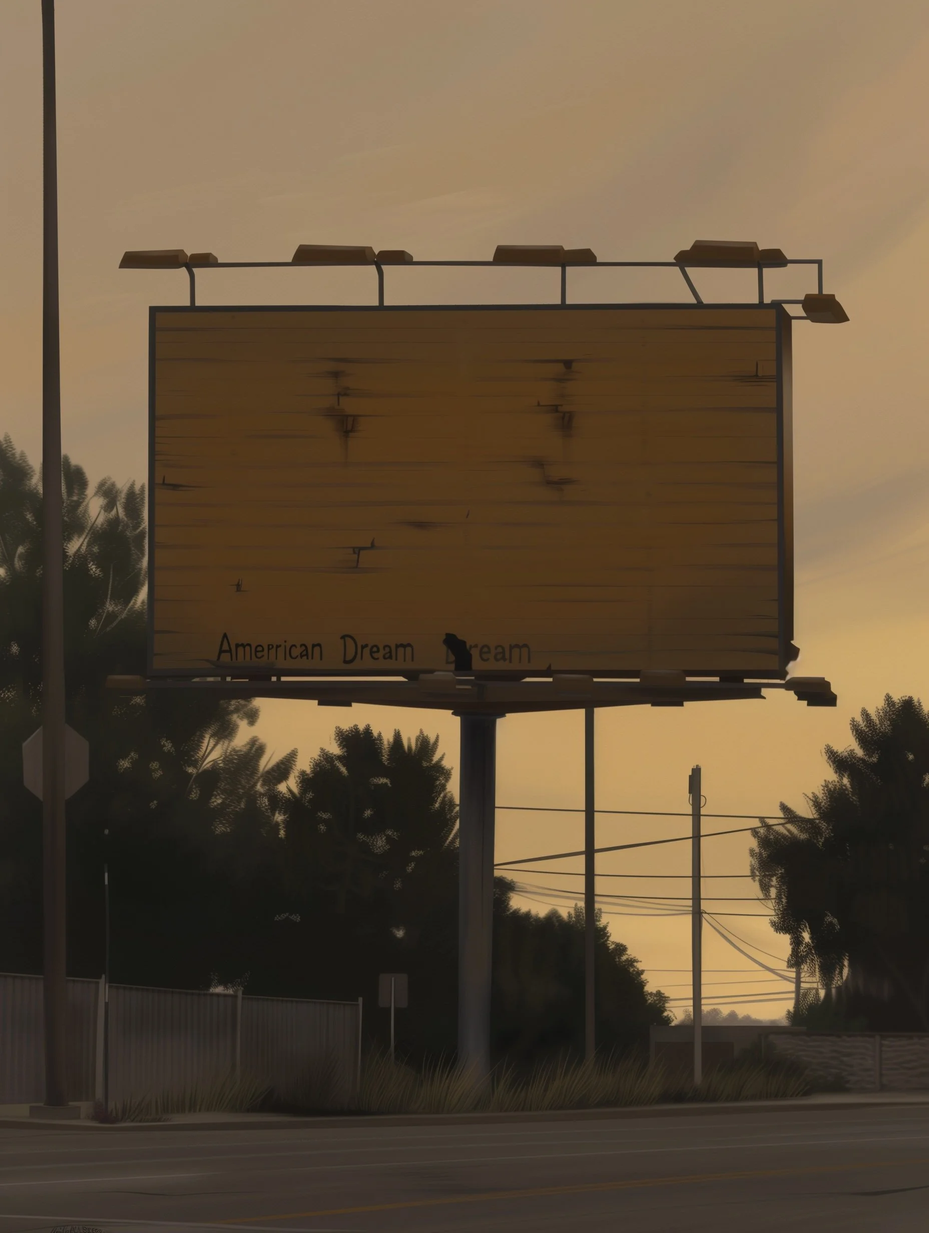 An empty, weathered billboard on the side of an American road, symbolizing the open question of what dream humanity is authoring.