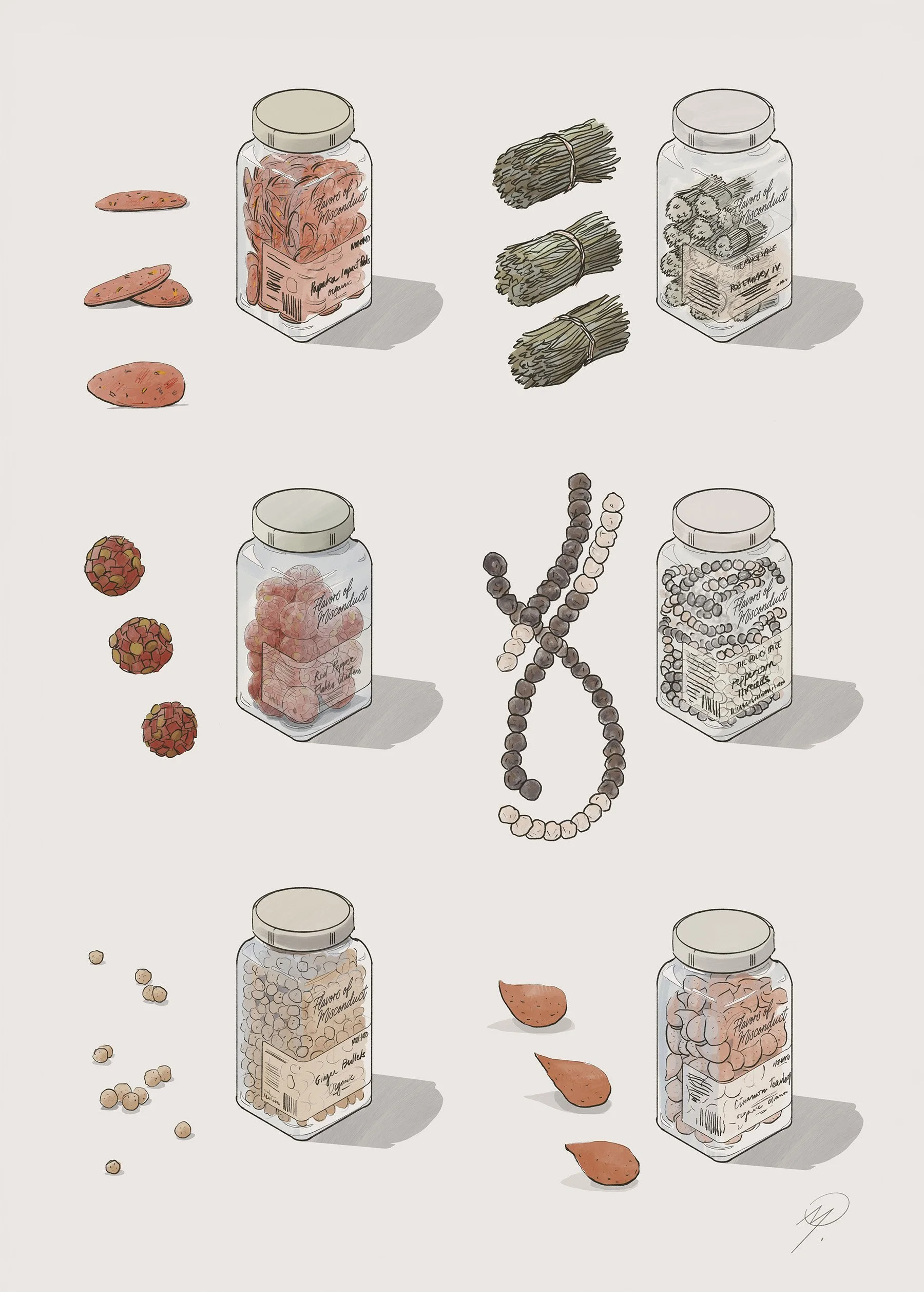 Original sketches by Martin Lenclos for the Flavors of Misconduct spice collection.