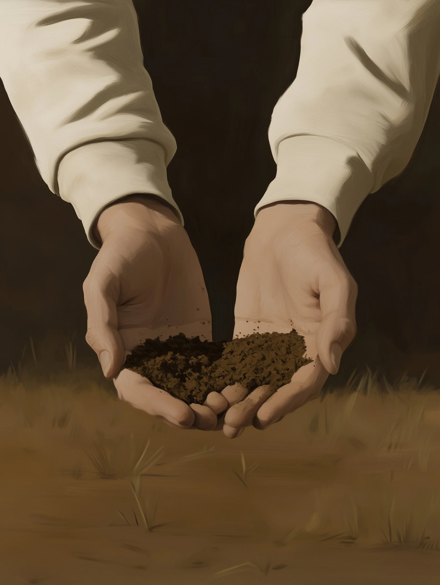 Two open hands gently holding dark soil, symbolizing the search for a grounded starting point in a consciousness-first inquiry.