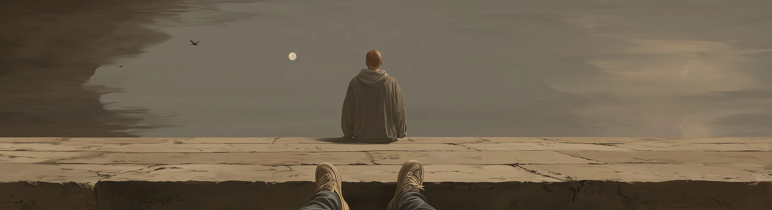 A man is sitting on the edge of what seems to be the sky, and another one looks down at him.