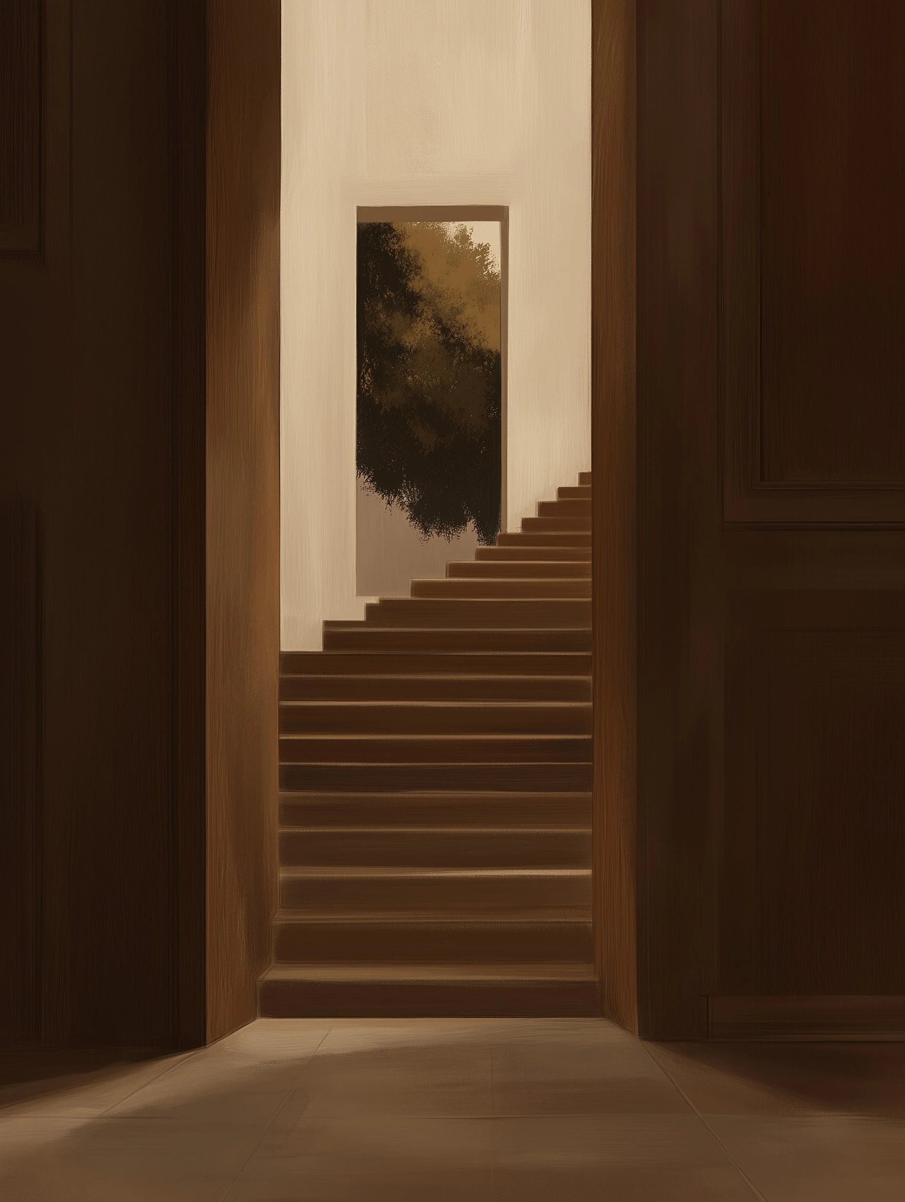 Escalier intérieur menant à une ouverture cadrant un arbre à l’extérieur, illustration de l’idée de Martin Lenclos de la perception comme petits cadres testables de la réalité dans The Dreamer Project.