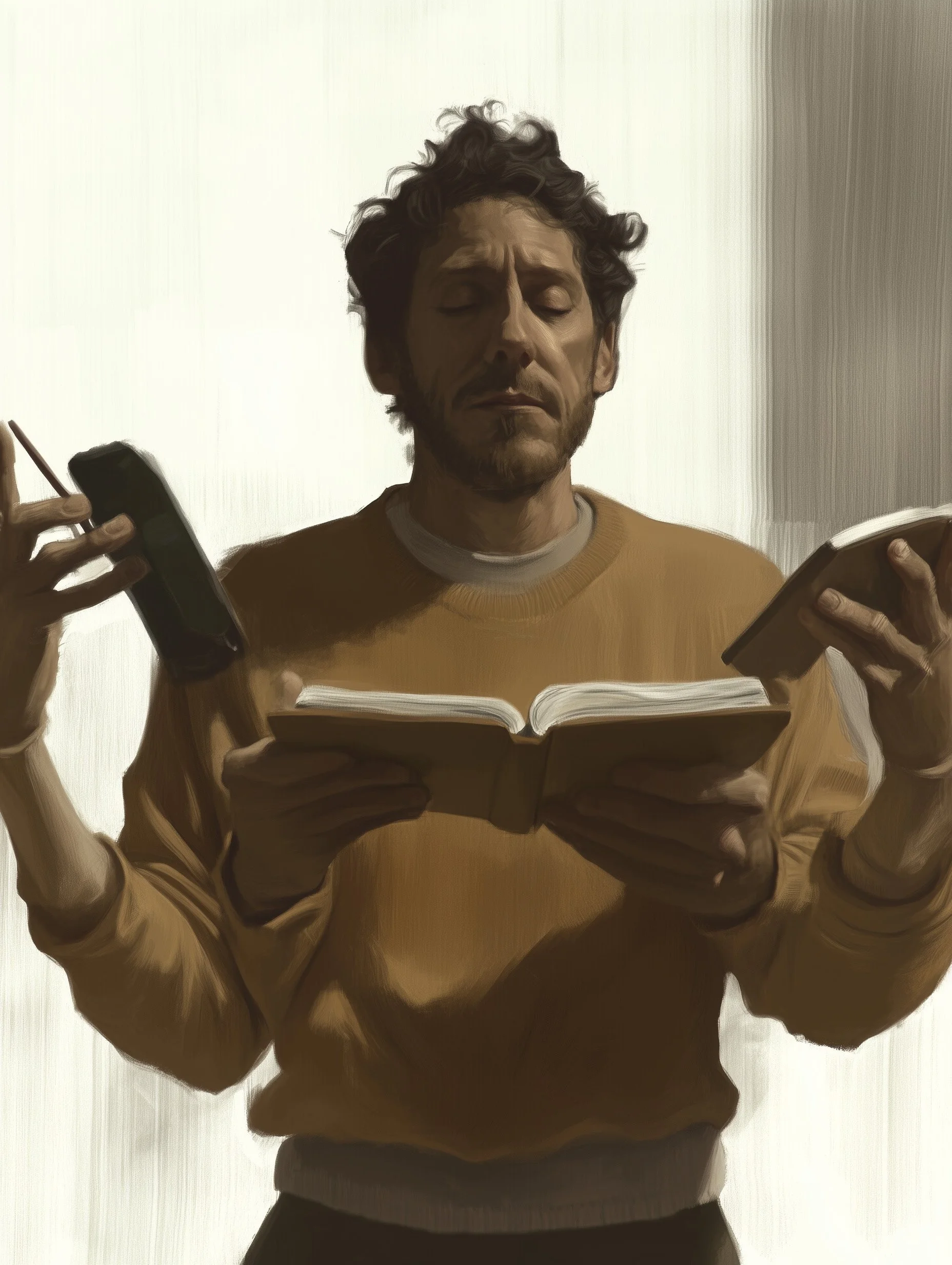 Inspired by Jean Cocteau — Man reading a book while also holding a phone and notebook, suggesting Martin Lenclos balancing tools and roles in his consciousness-first creative experiment.
