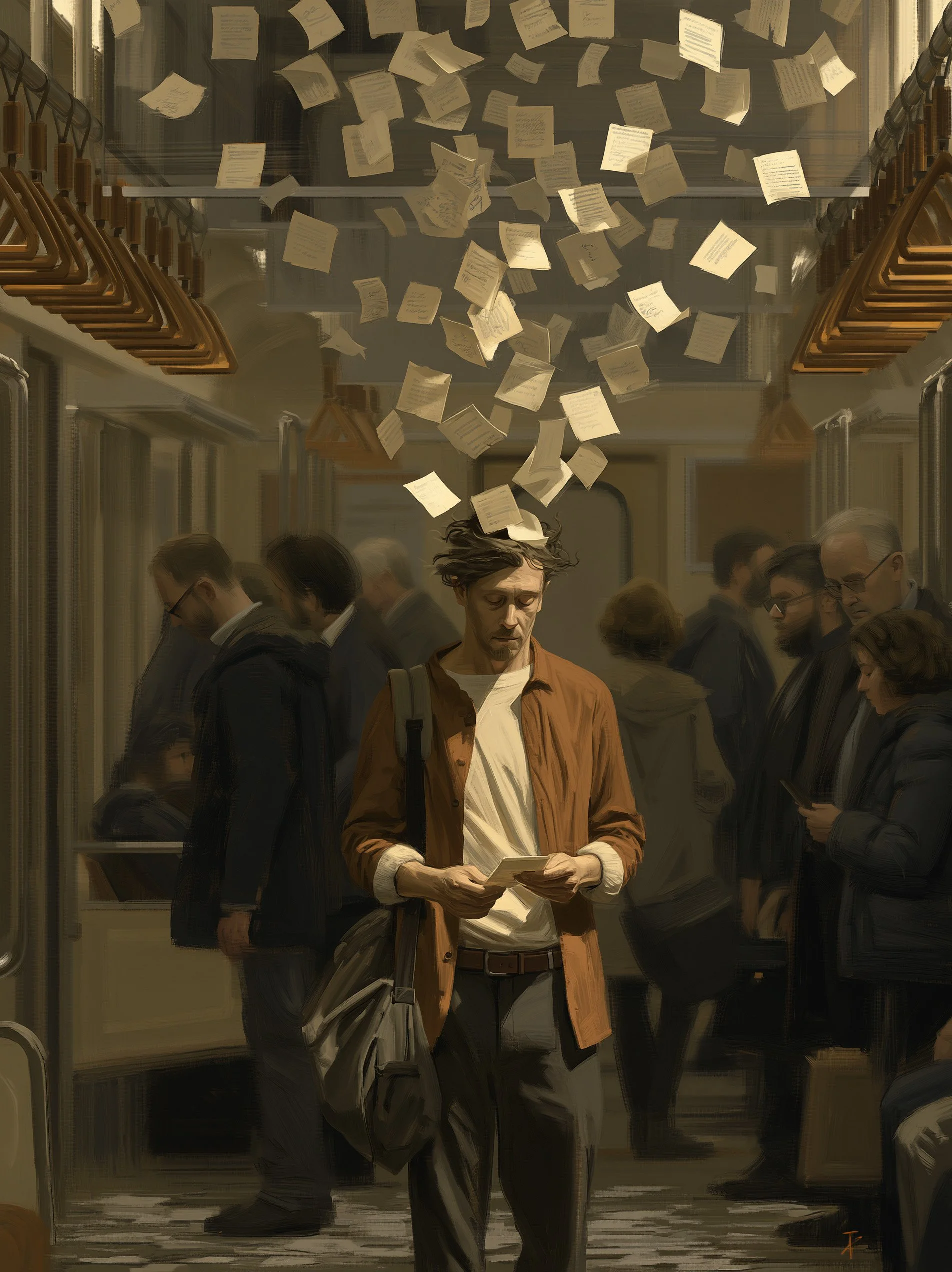 Commuter with notes floating above head.