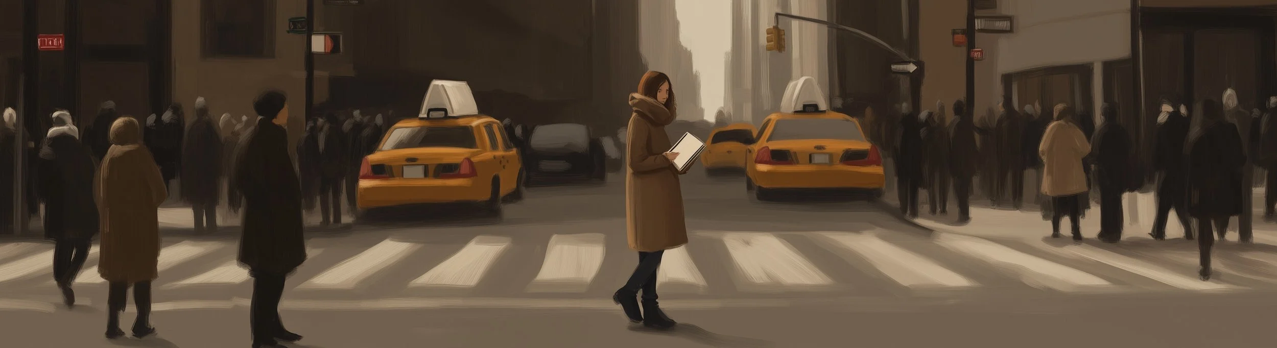Illustration presenting woman recording her experiment log in a notebook in the middle of New York City