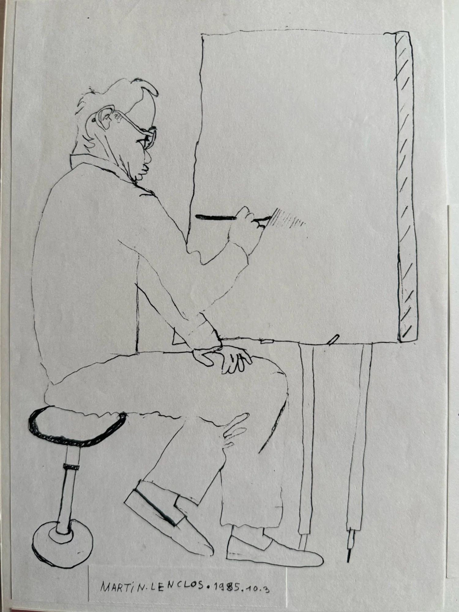 Drawing by Martin Lenclos of his father at an easel in 1985 — an early apprenticeship in color, attention, and trained seeing.