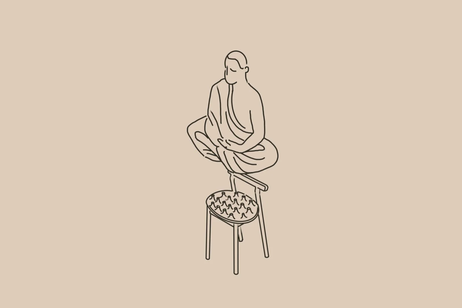The monk floating above one of the perceptual terrain pieces — a chair with spikes of wood on the seat — A symbol of this approach to design.