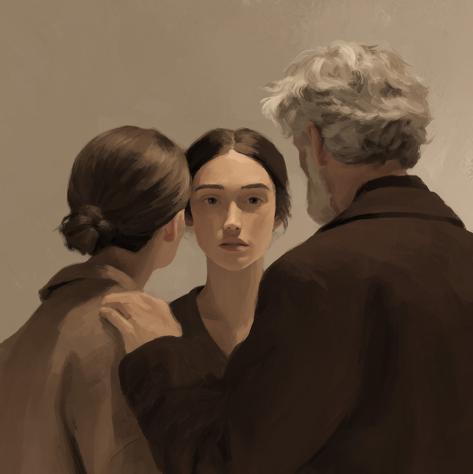 Parents fighting with a young woman in the middle in a quiet peaceful stance.