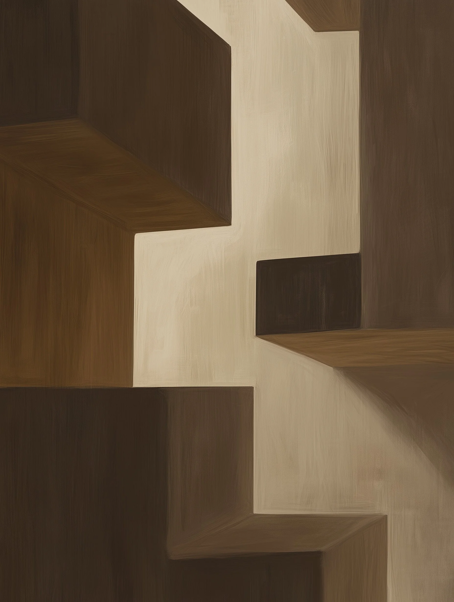 Abstract architectural forms interlocking and separating, suggesting identity under pressure and the boundary between ordinary life and experimental inquiry.