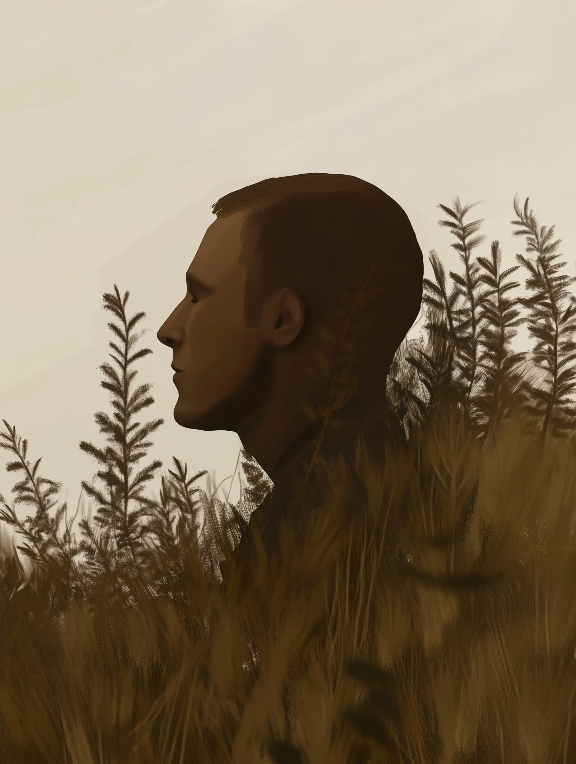 A person partially concealed in tall grass, observing quietly, suggesting restraint and attentive presence before action.