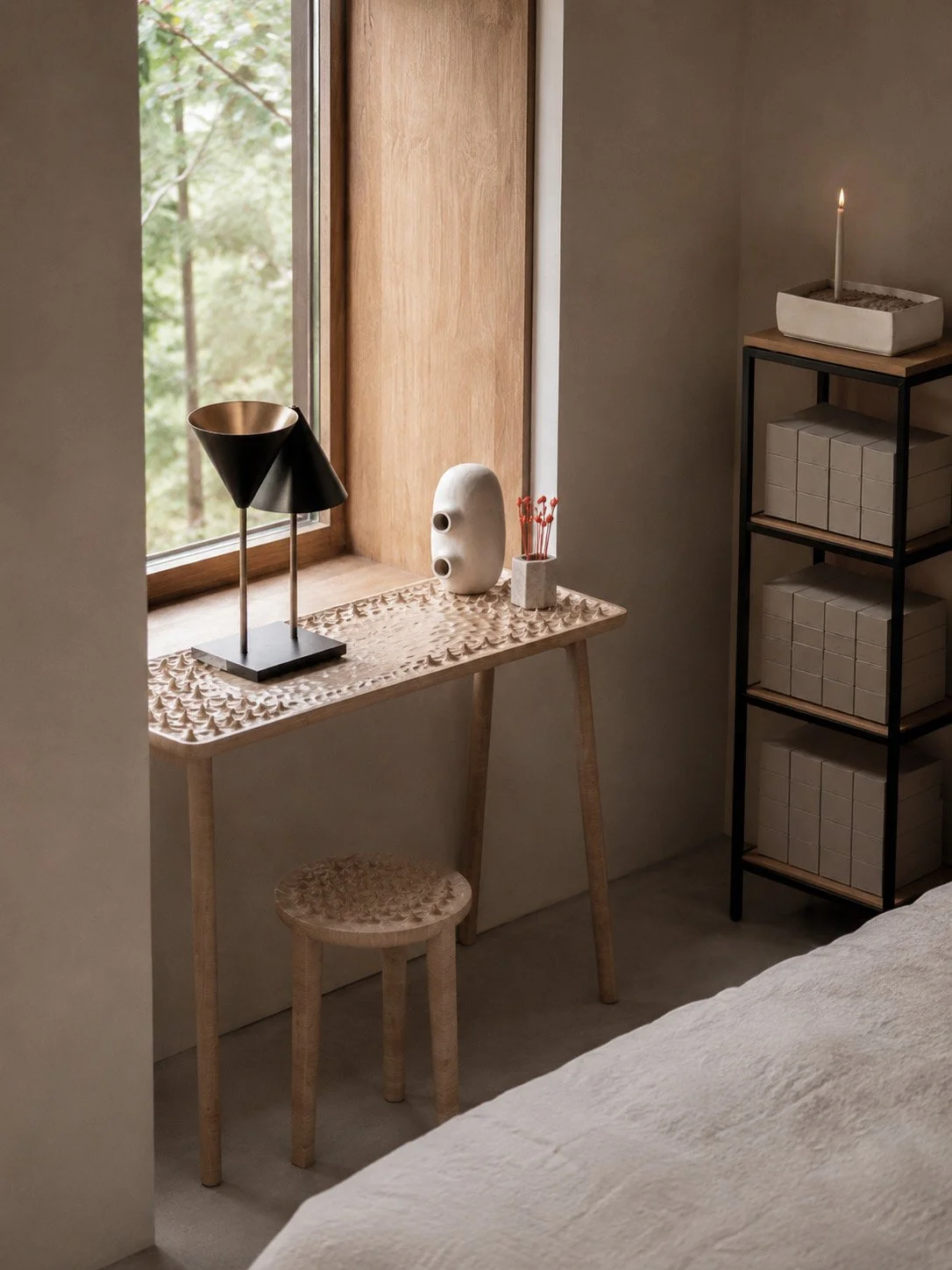 Perceptual Terrain desk and stool, A-Candle-A-Day Candleholder from the Memorial series, Jacob Vase no# 2, and The Divided Light, Desk Lamp.