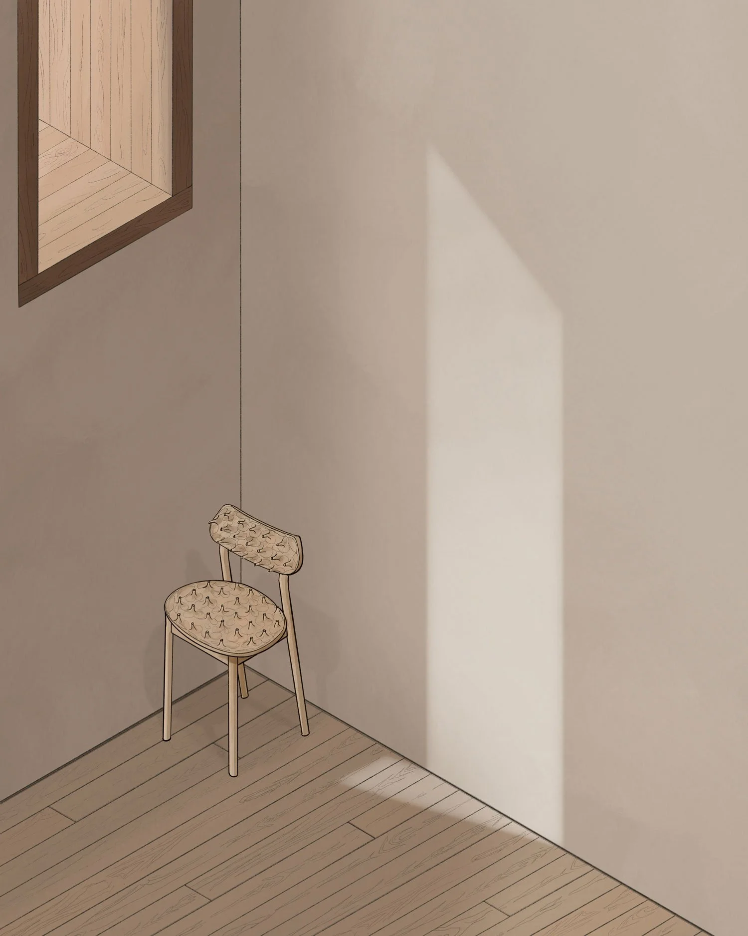Contours of Impermanence — Hand-Painted Digital Artwork by Martin Lenclos — Representing the Perceptual Terrain chair under a small window. Inspired by sketch for an installation.