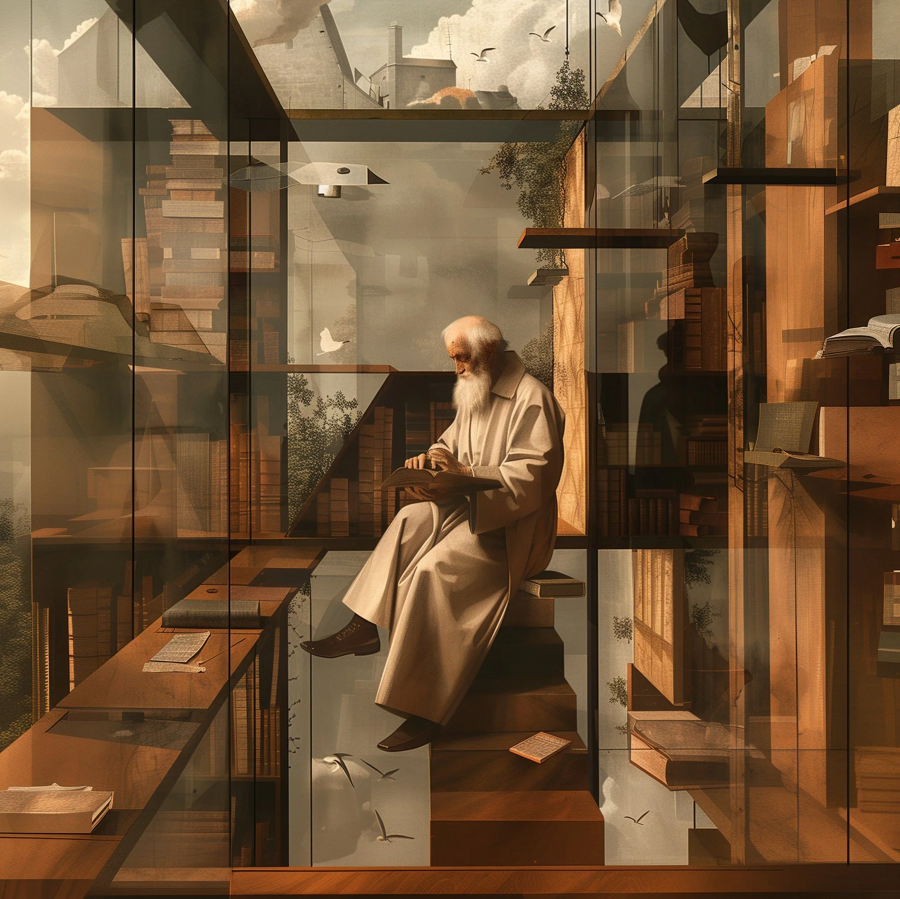 Illustration representing a man in a library: A useful symbol does not dissolve the world. It changes the standpoint from which the world is met.