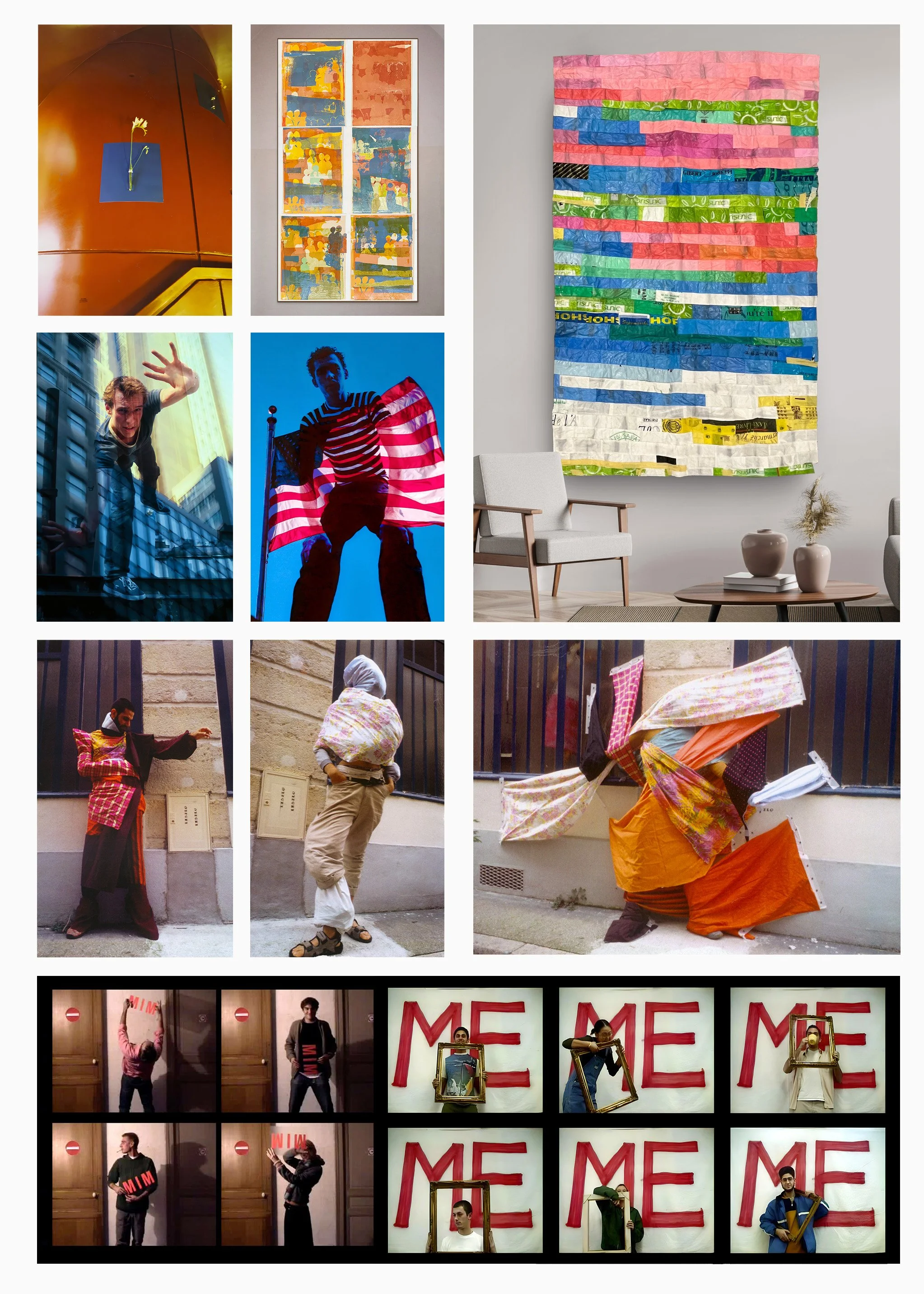 THE NEED FOR EXIT — 1998–2000. Across paintings, installations, photo collages, and works made with recycled plastic bags, styrofoam packing, clothing, and found materials, the need for exit became a recurring perceptual theme. The work grew from a s