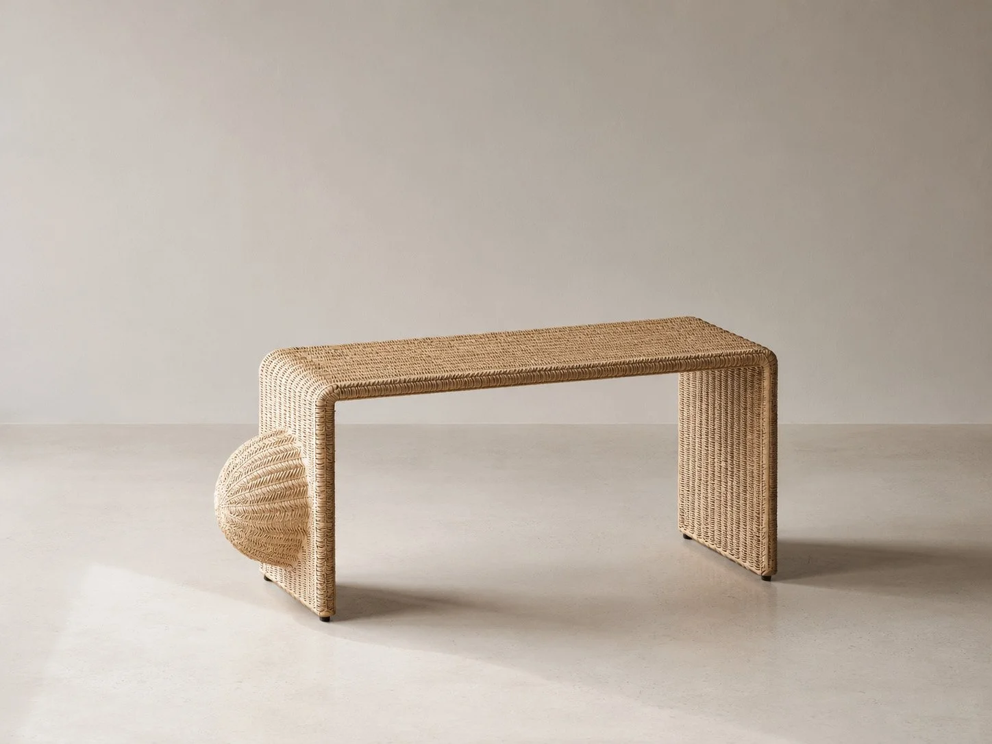 The Bruised Weave — Console Table; Ordinary witness study — woven rattan / blackened steel