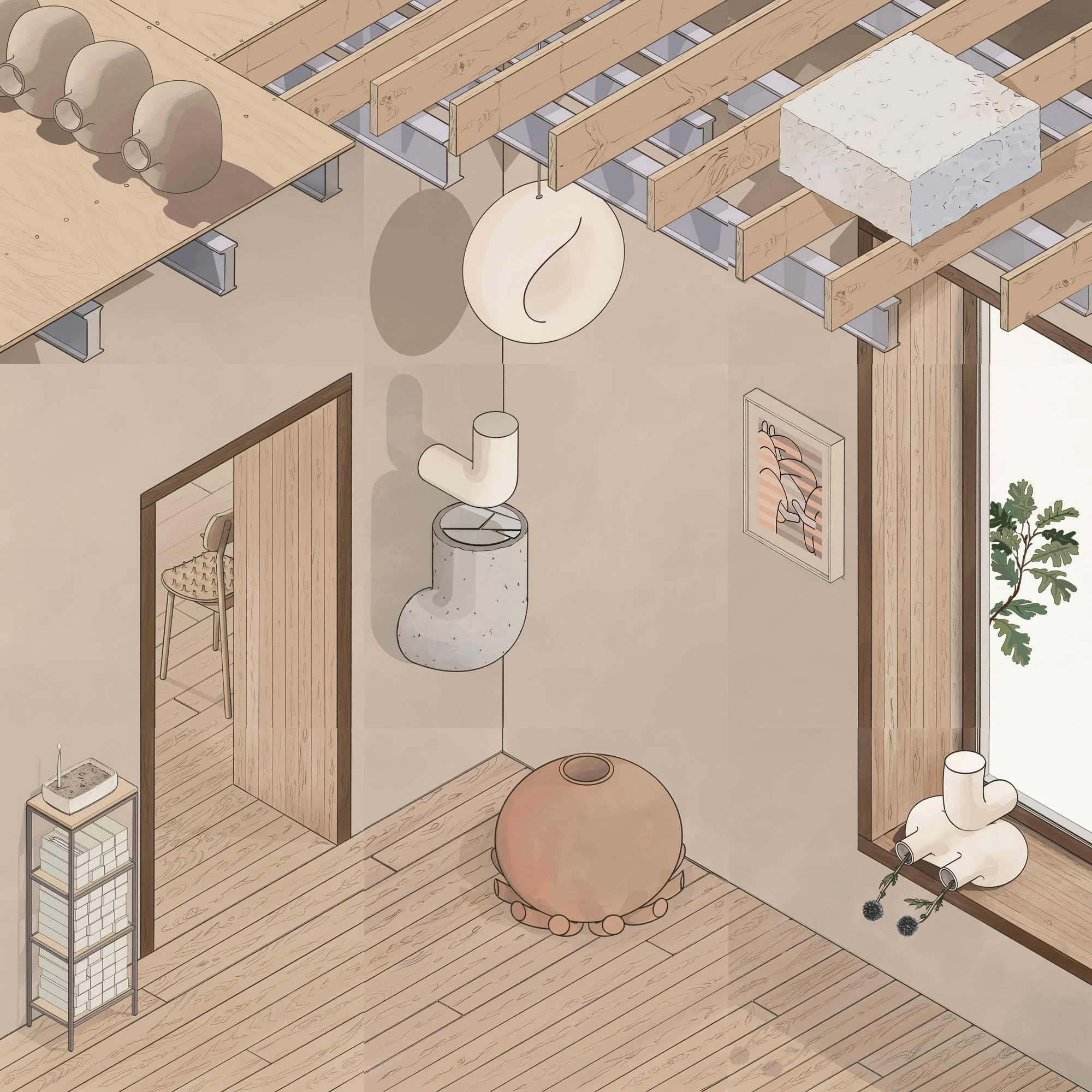 PERCEPTION AT A DISTANCE — 2021–2023. At the height of my exploration of spiritual and nondual texts — from Taoism and Hinduism to newer nondual writing — the axonometric mise-en-scènes Contours of Impermanence emerged during a period when perception