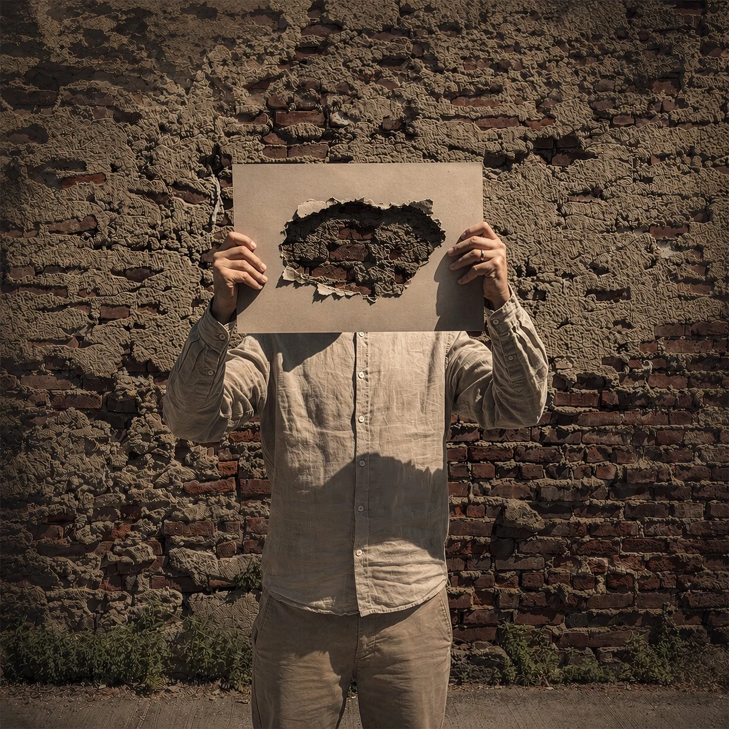 A photograph of Martin Lenclos holding a piece of paper with an opening in the middle — You can't see his face but the wall behind him