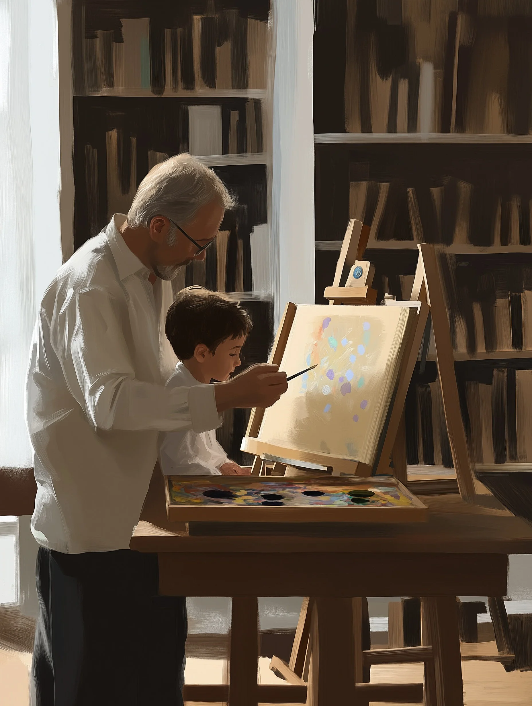 Young boy painting with his father at an easel, suggesting an early apprenticeship in color, attention, and trained seeing.