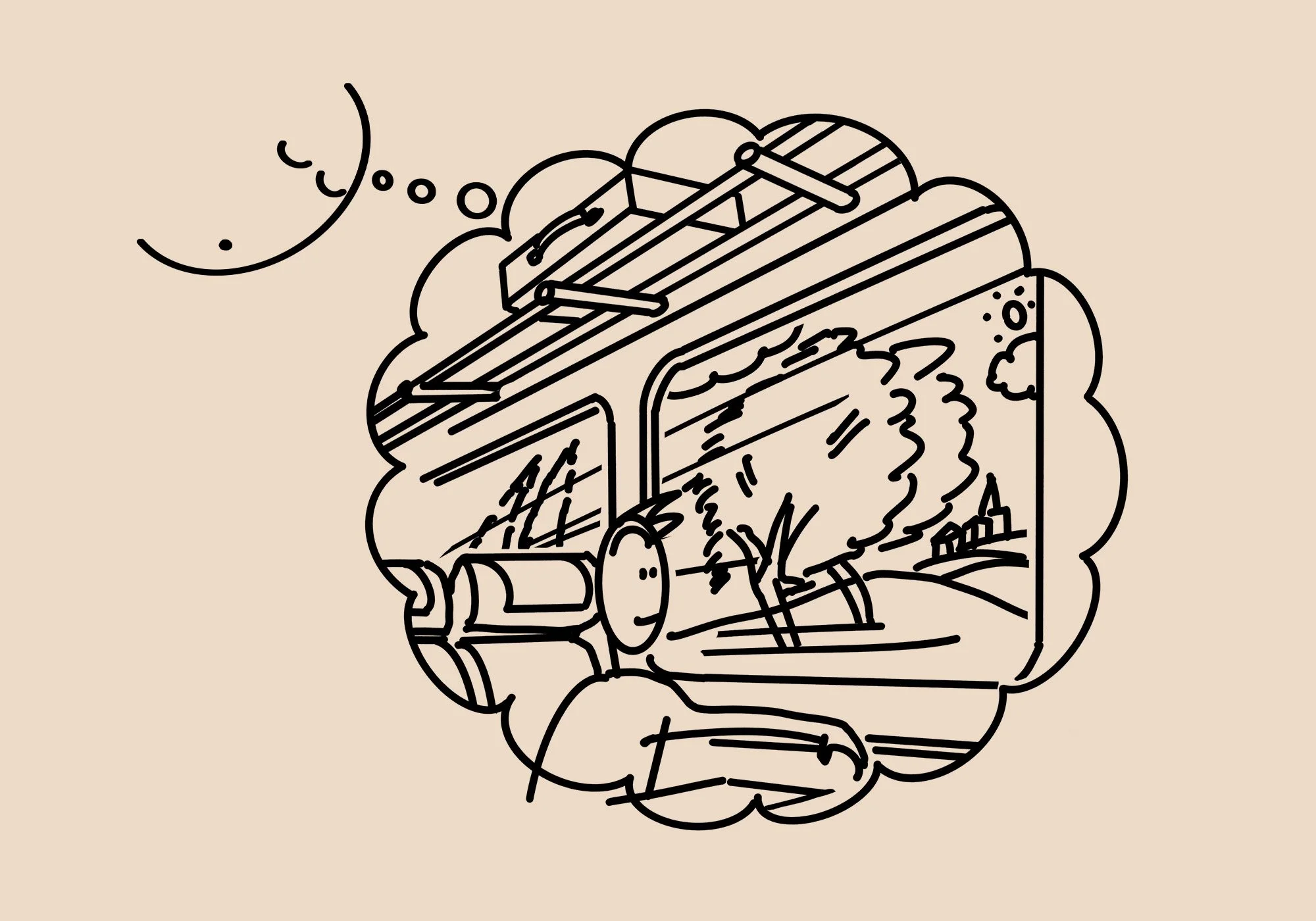 A drawing by Martin Lenclos presenting the Dreamer dreaming being a man on a train at high speed.